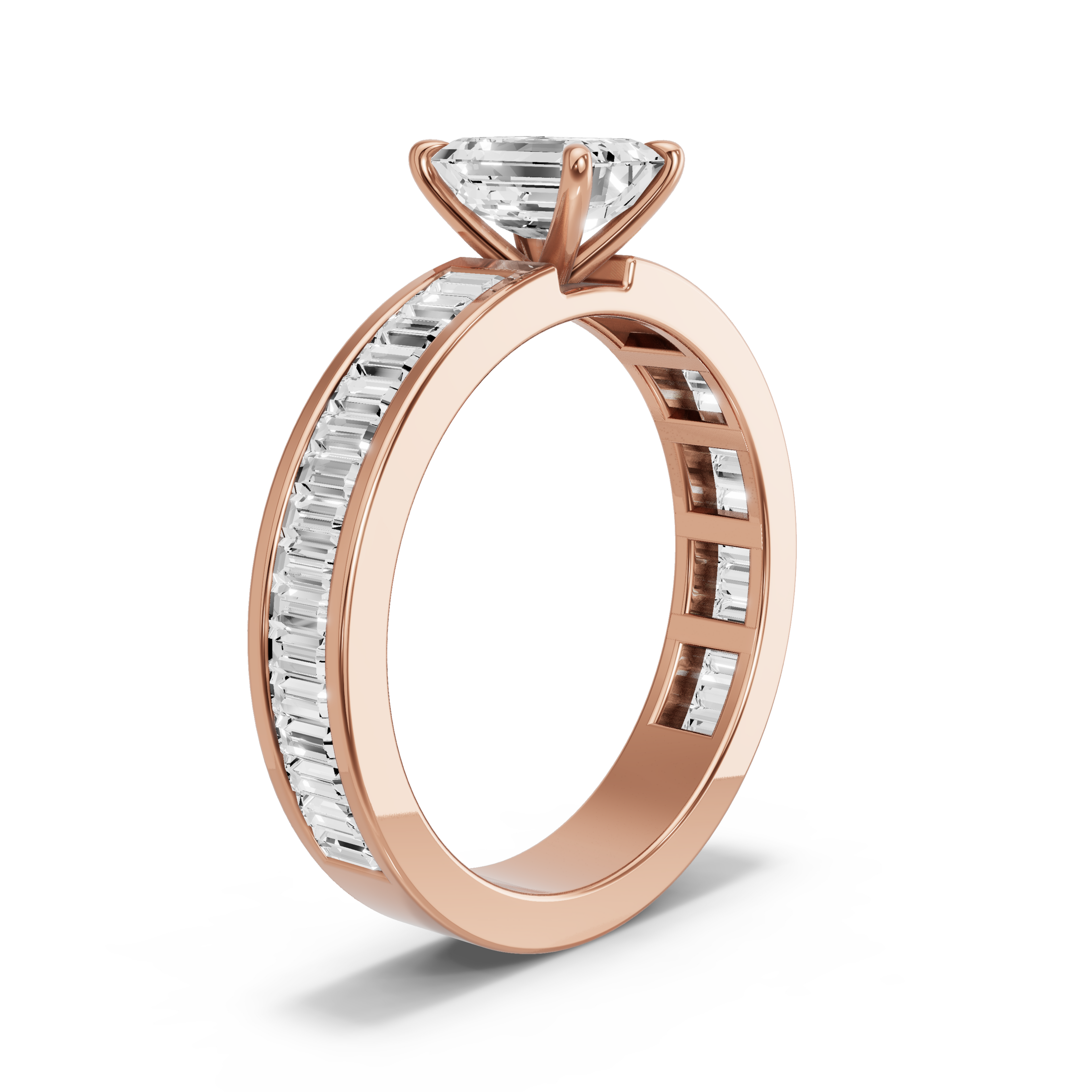 Image for Emerald Four Prong Ring with Baguette Channel band in 14K Rose Gold