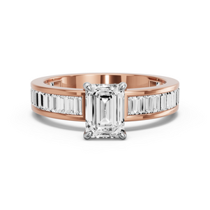 Image for Emerald Four Prong Ring with Baguette Channel band