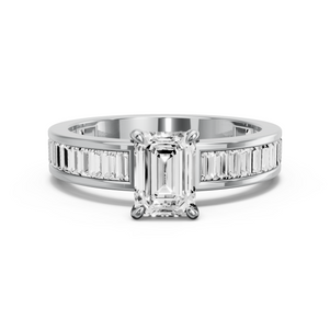 Image for Emerald Four Prong Ring with Baguette Channel band