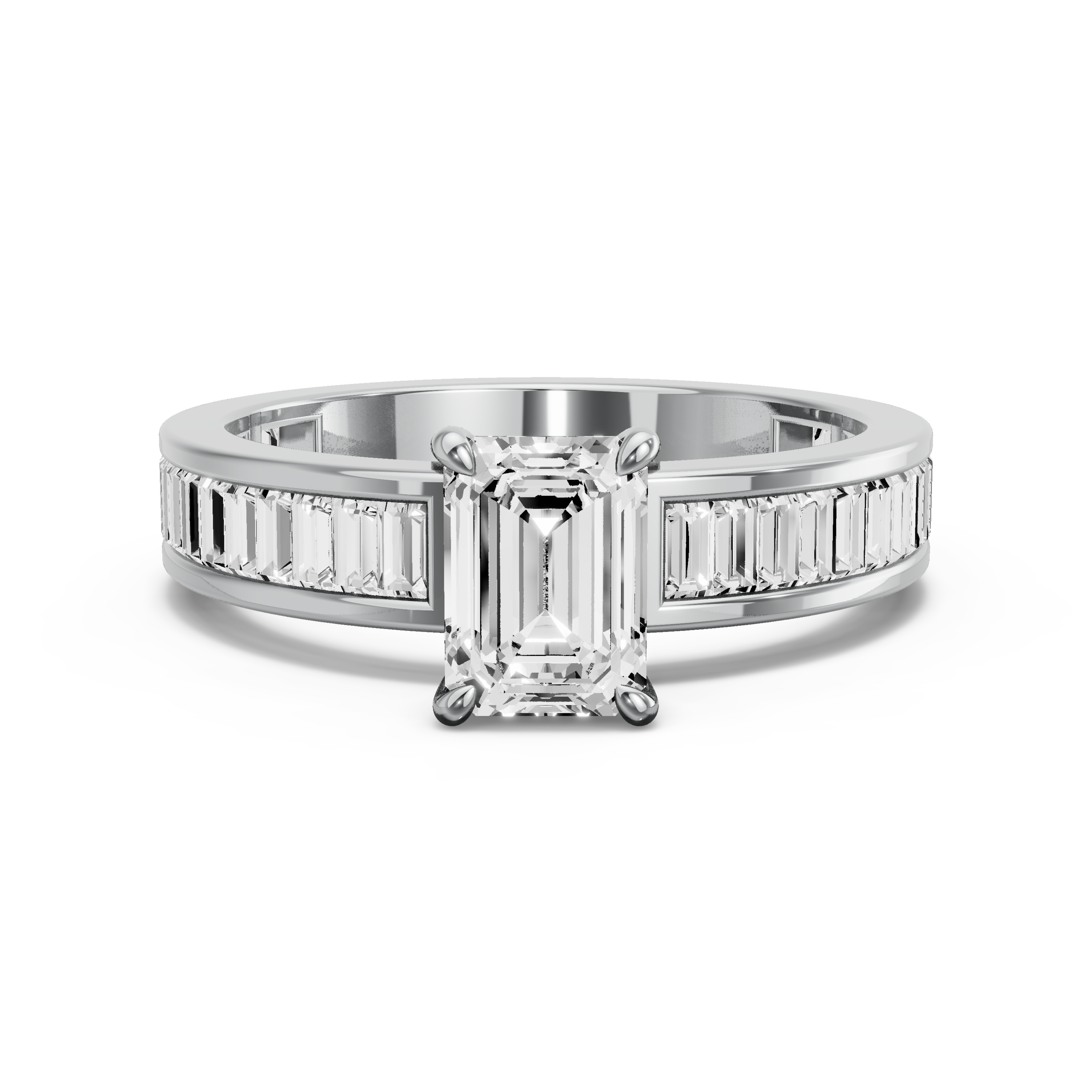 Image for Emerald Four Prong Ring with Baguette Channel band in 14K White Gold