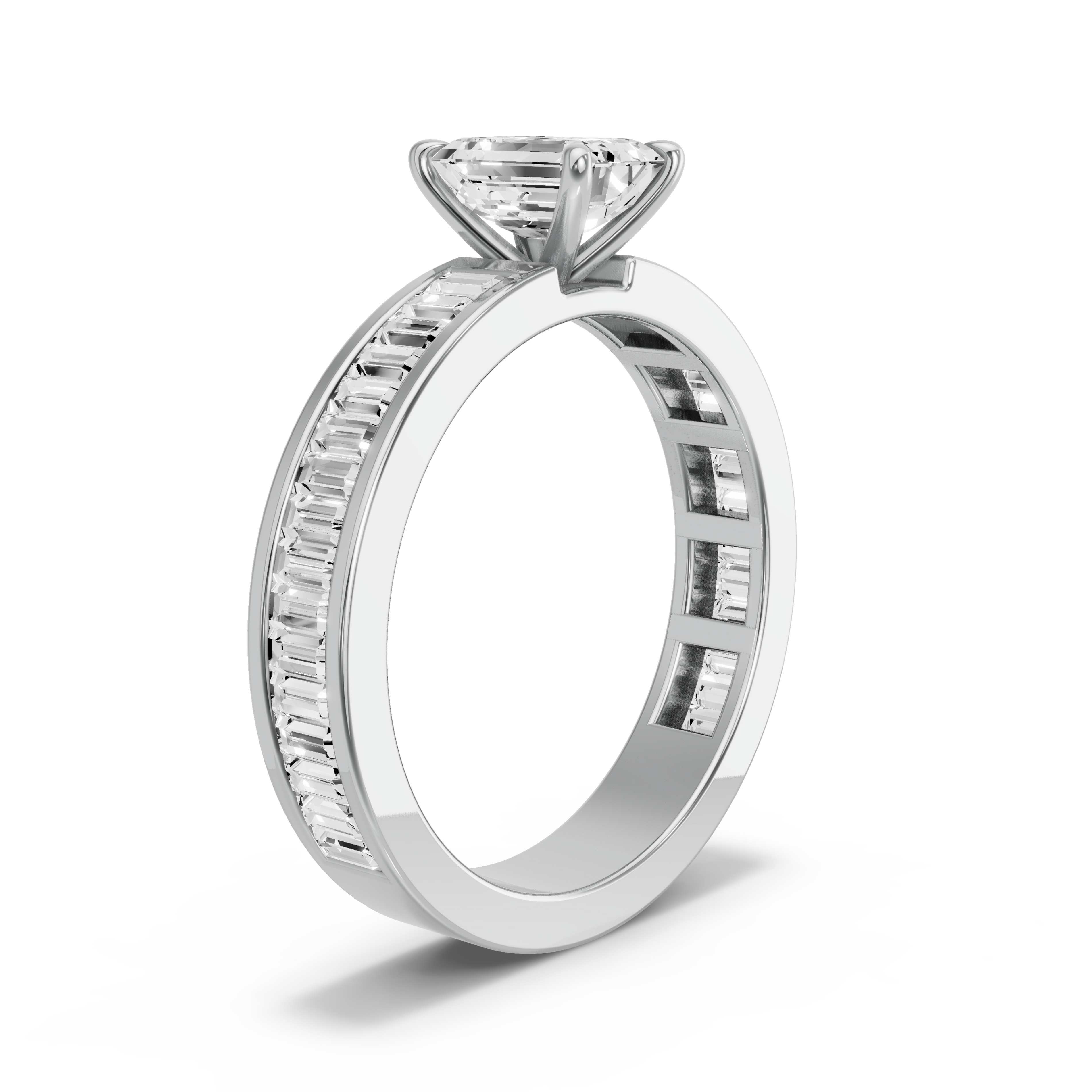 Image for Emerald Four Prong Ring with Baguette Channel band in 10K White Gold