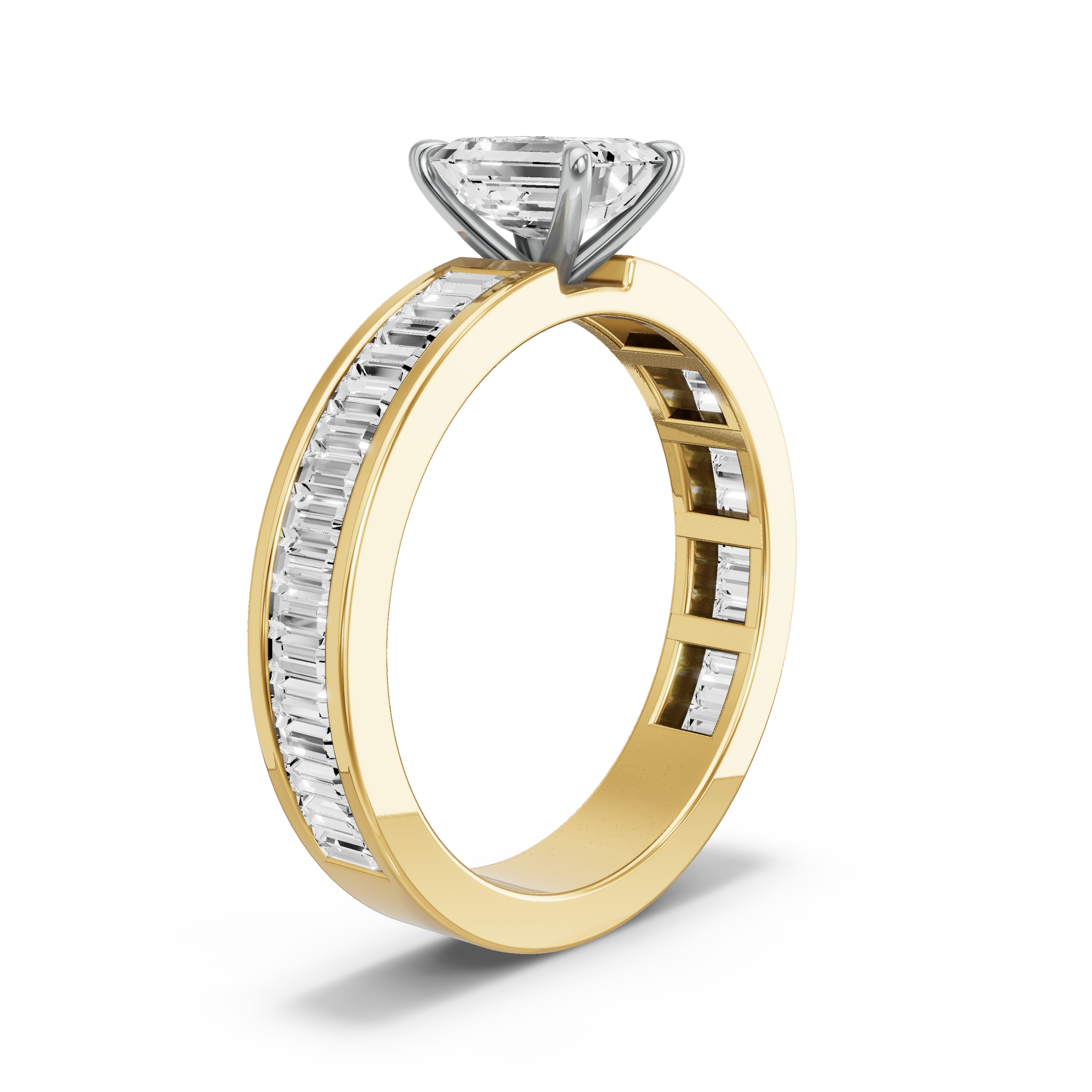 Image for Emerald Four Prong Ring with Baguette Channel band in 18K Two Tone Yellow Gold