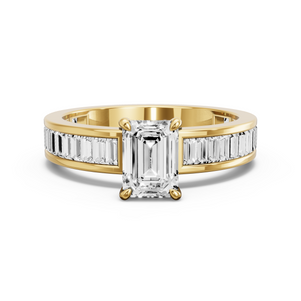Image for Emerald Four Prong Ring with Baguette Channel band