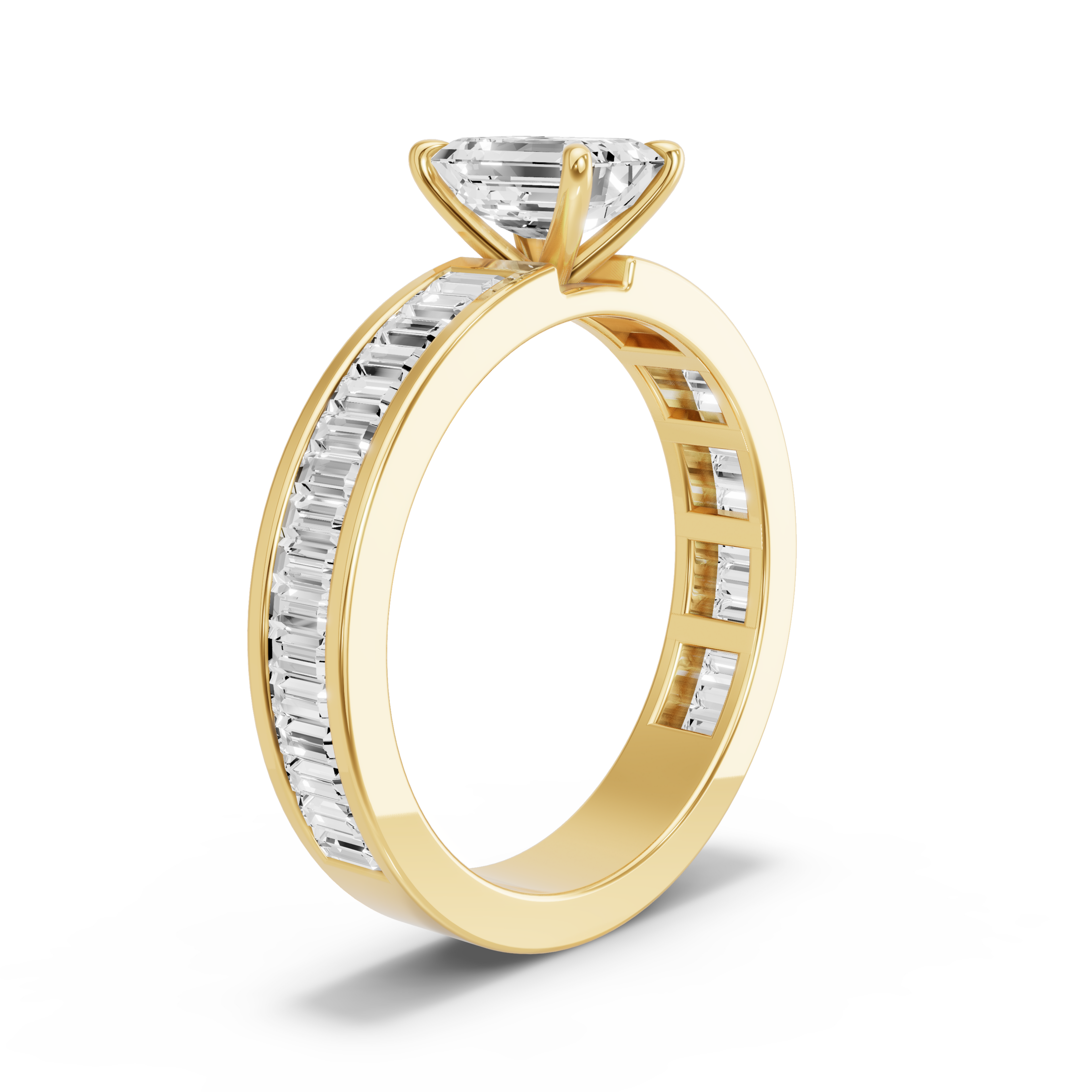 Image for Emerald Four Prong Ring with Baguette Channel band in 10K Yellow Gold
