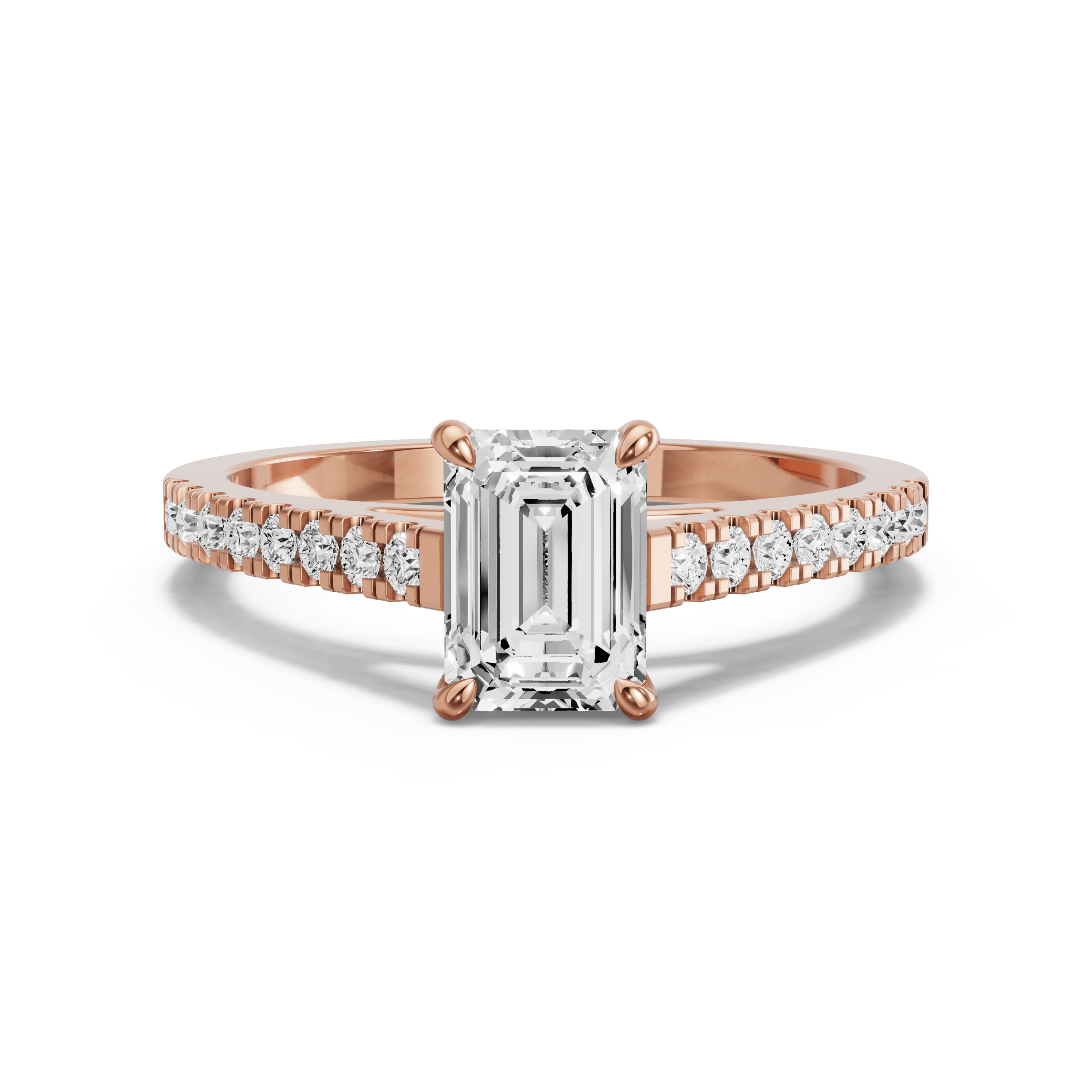 Image for Emerald Four Prong Ring with Cathedral Pave band in 14K Rose Gold