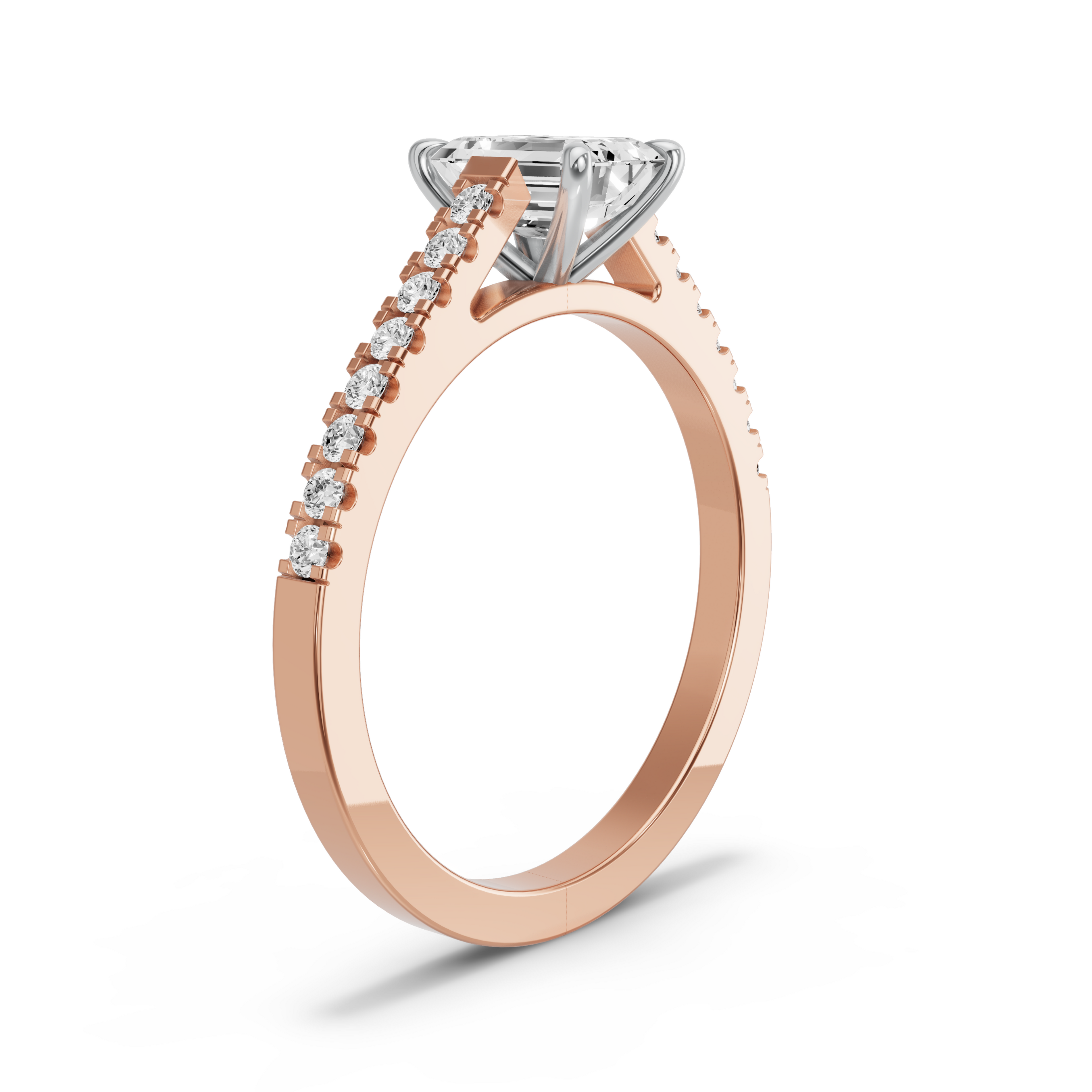 Image for Emerald Four Prong Ring with Cathedral Pave band in 10K Two Tone Rose Gold