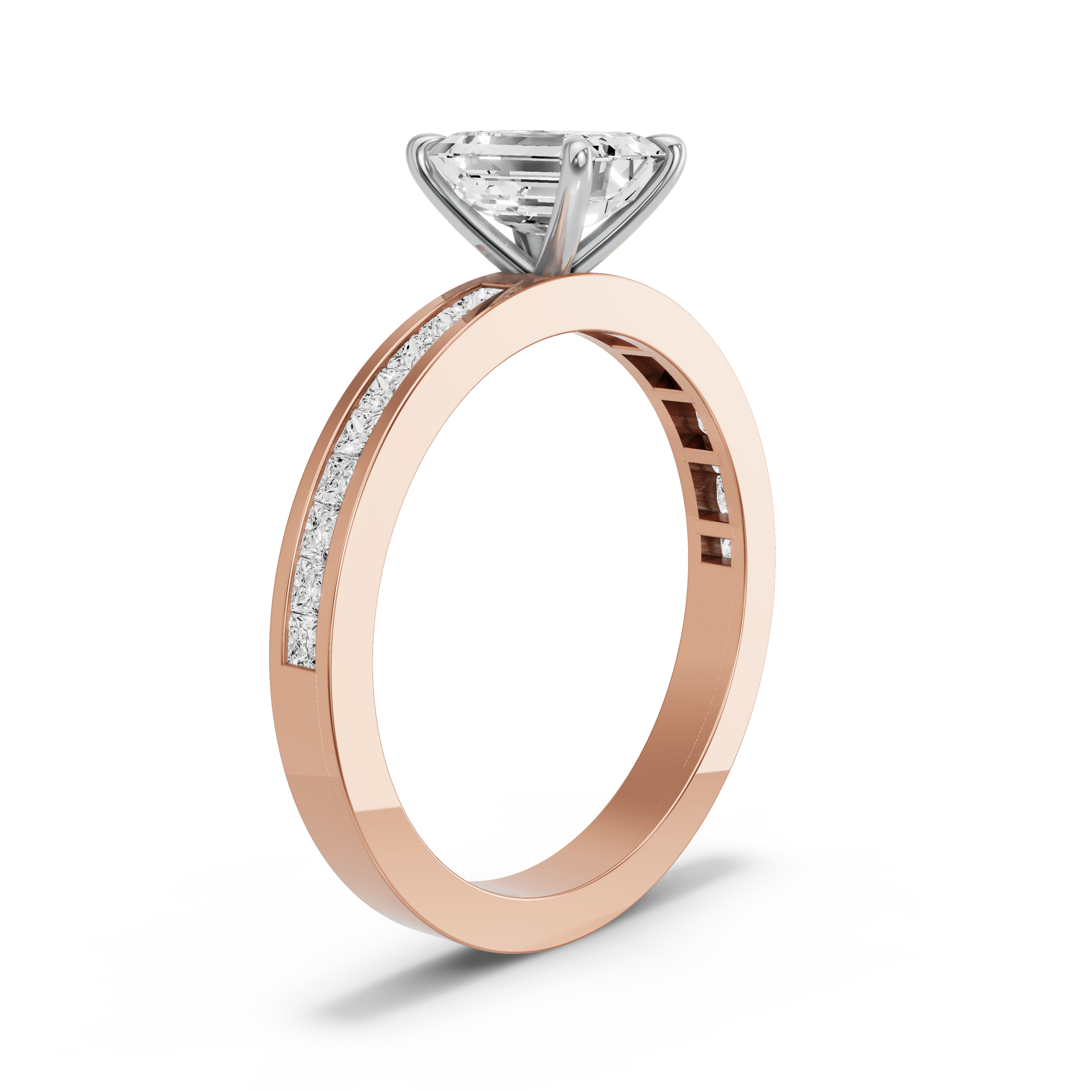 Image for Emerald Four Prong Ring with Channel band in 18K Two Tone Rose Gold