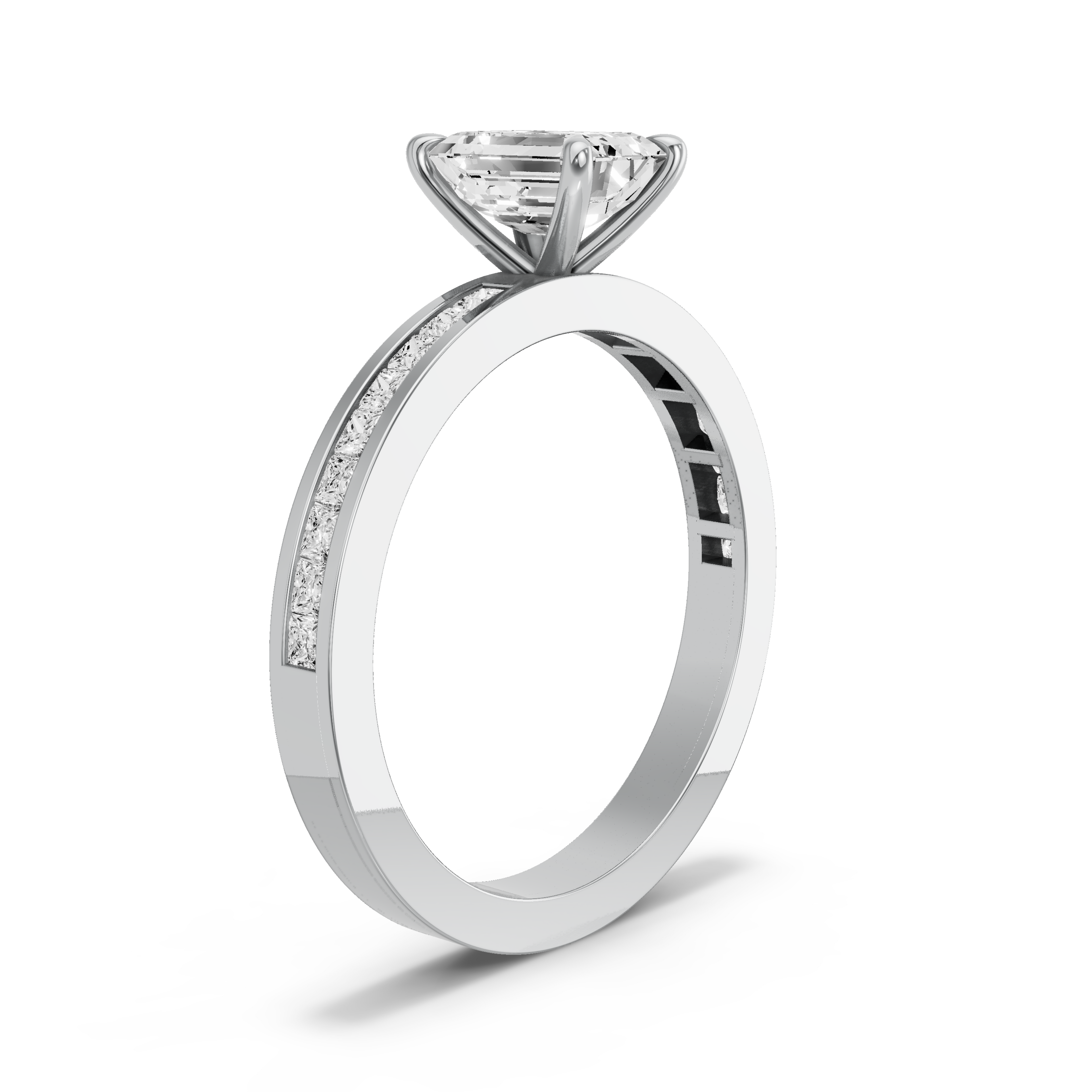 Image for Emerald Four Prong Ring with Channel band in 14K White Gold