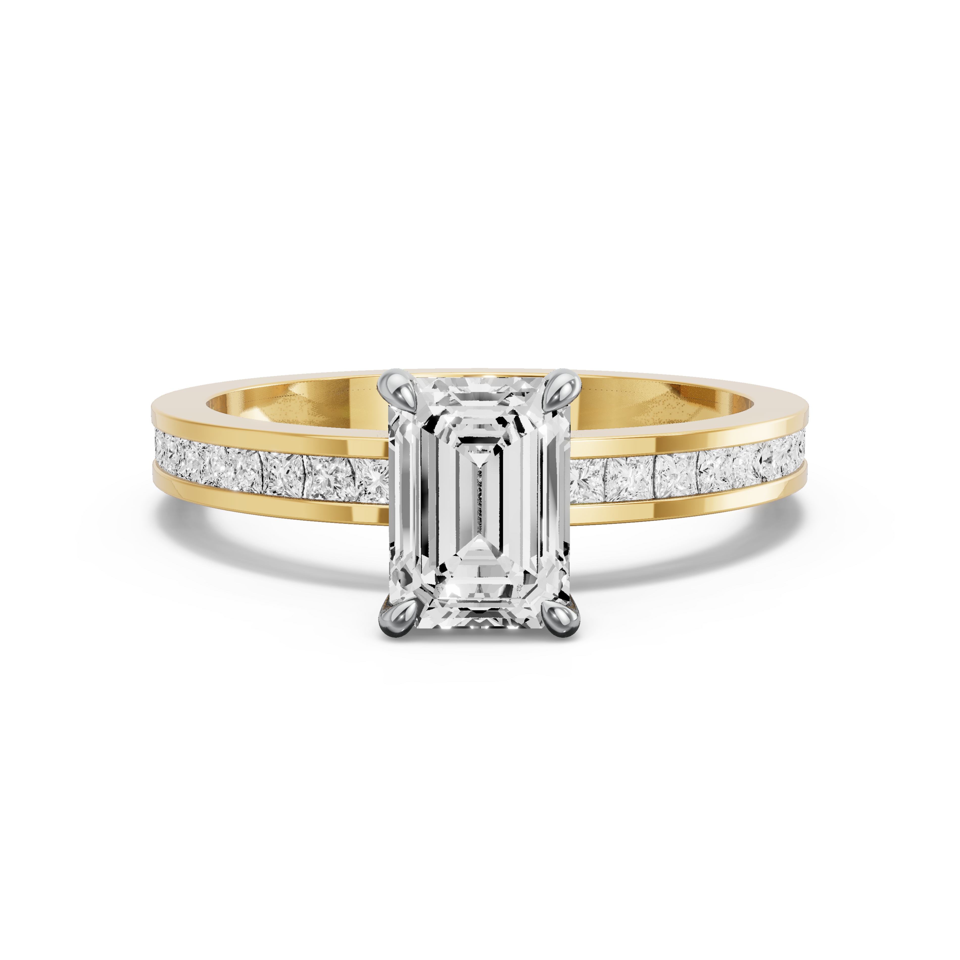 Image for Emerald Four Prong Ring with Channel band in 14K Two Tone Yellow Gold
