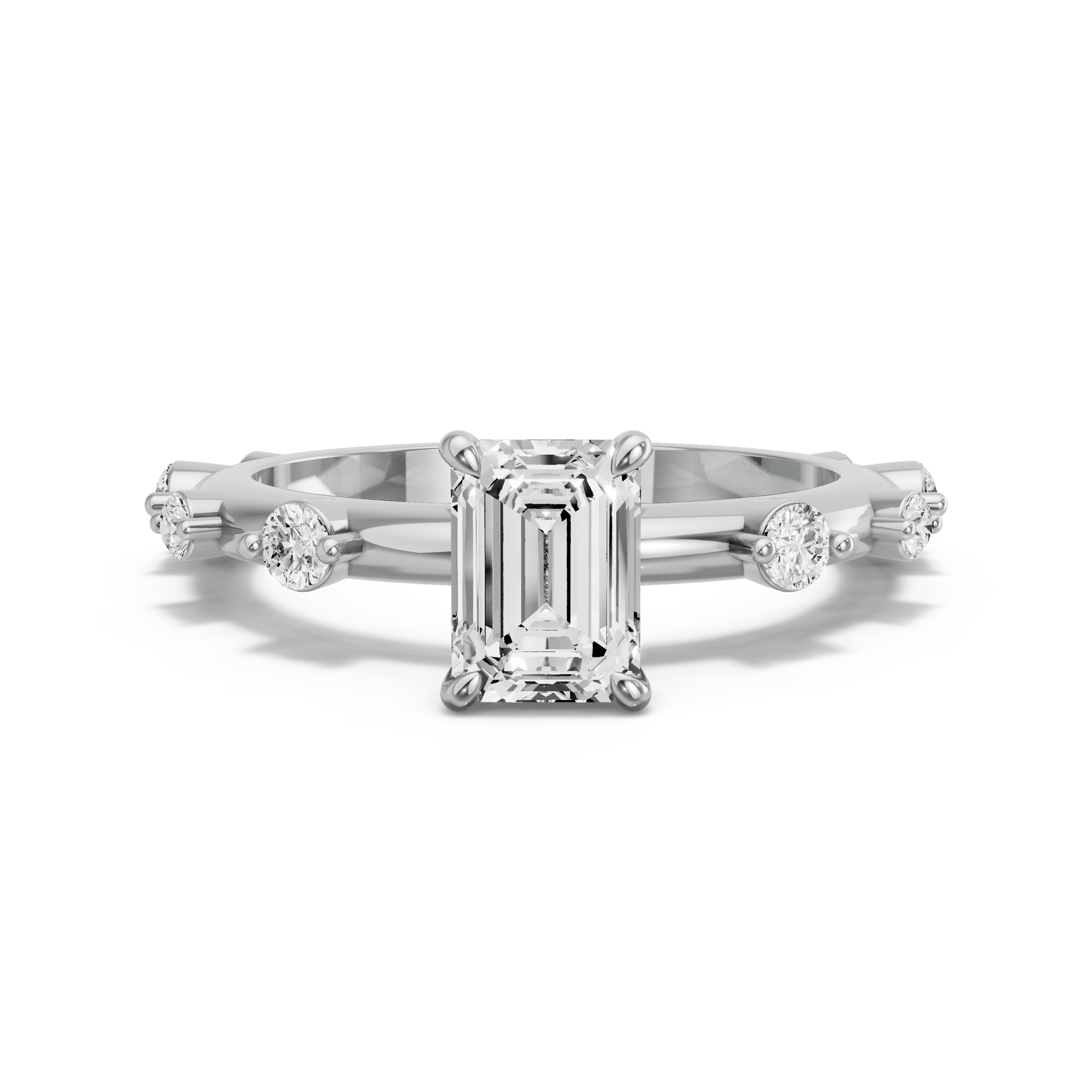 Image for Emerald Four Prong Ring with Floating Station band in 10K White Gold