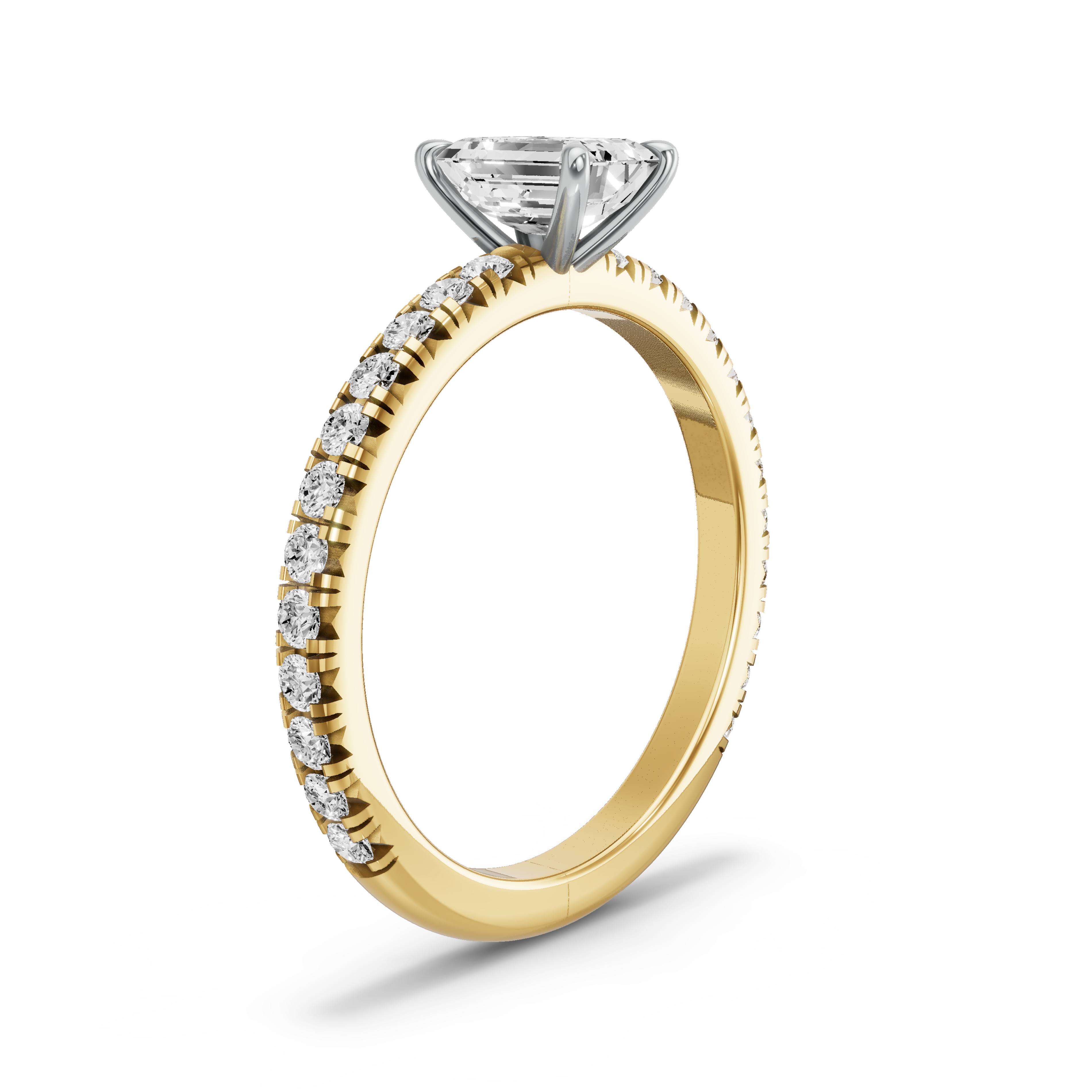 Image for Emerald Four Prong Ring with French Pave band in 10K Two Tone Yellow Gold