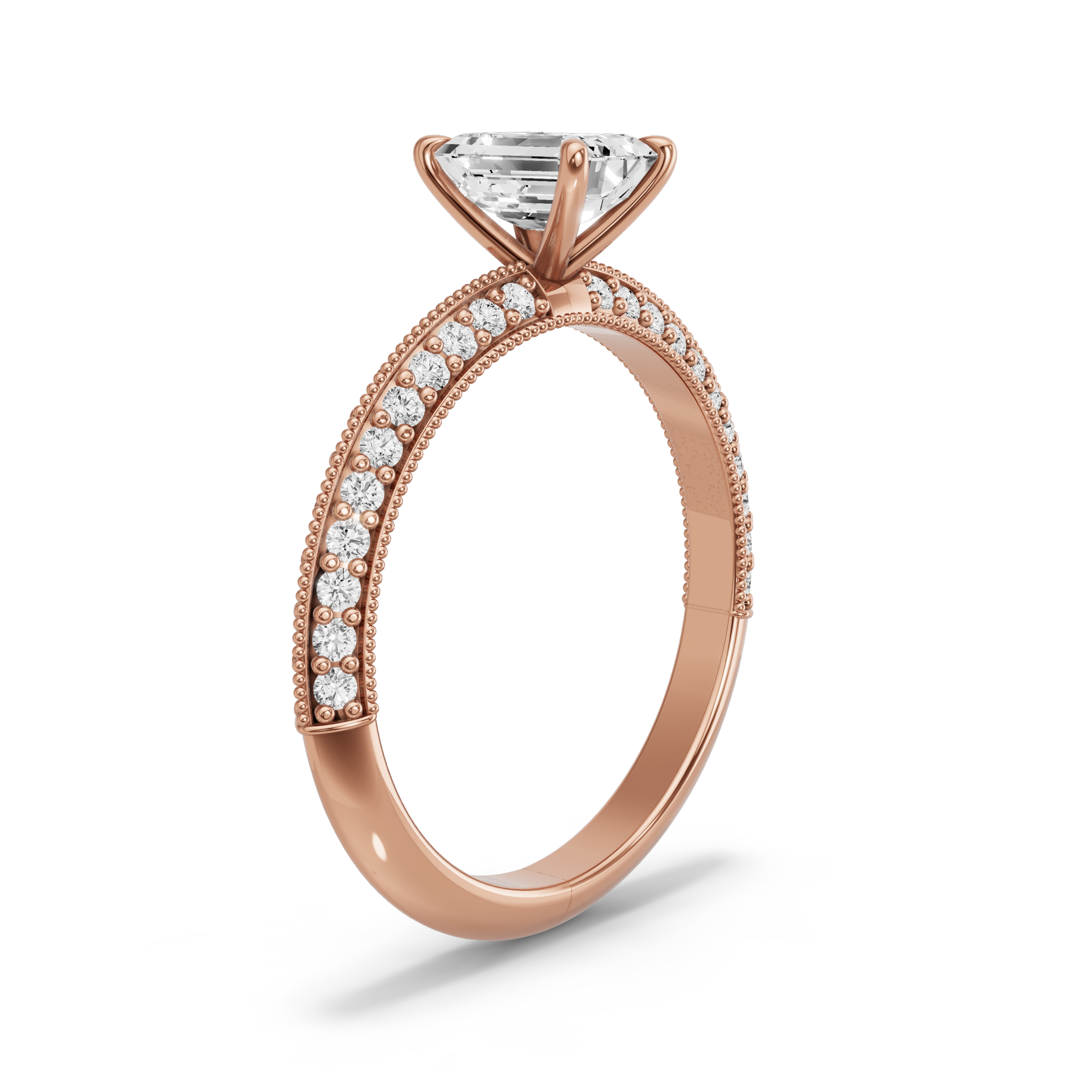 Image for Emerald Four Prong Ring with Knife Edge Pave band in 18K Rose Gold