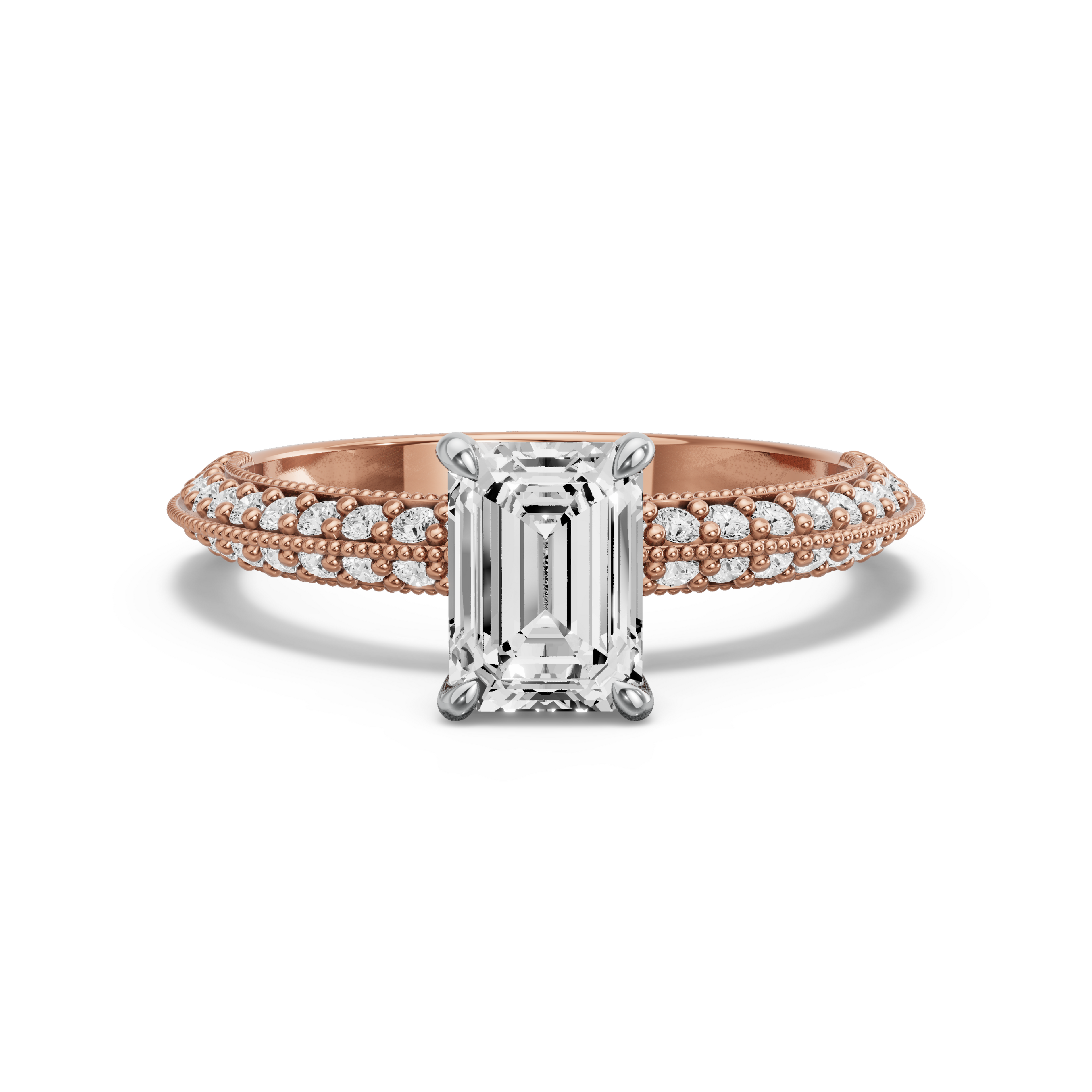 Image for Emerald Four Prong Ring with Knife Edge Pave band in 18K Two Tone Rose Gold