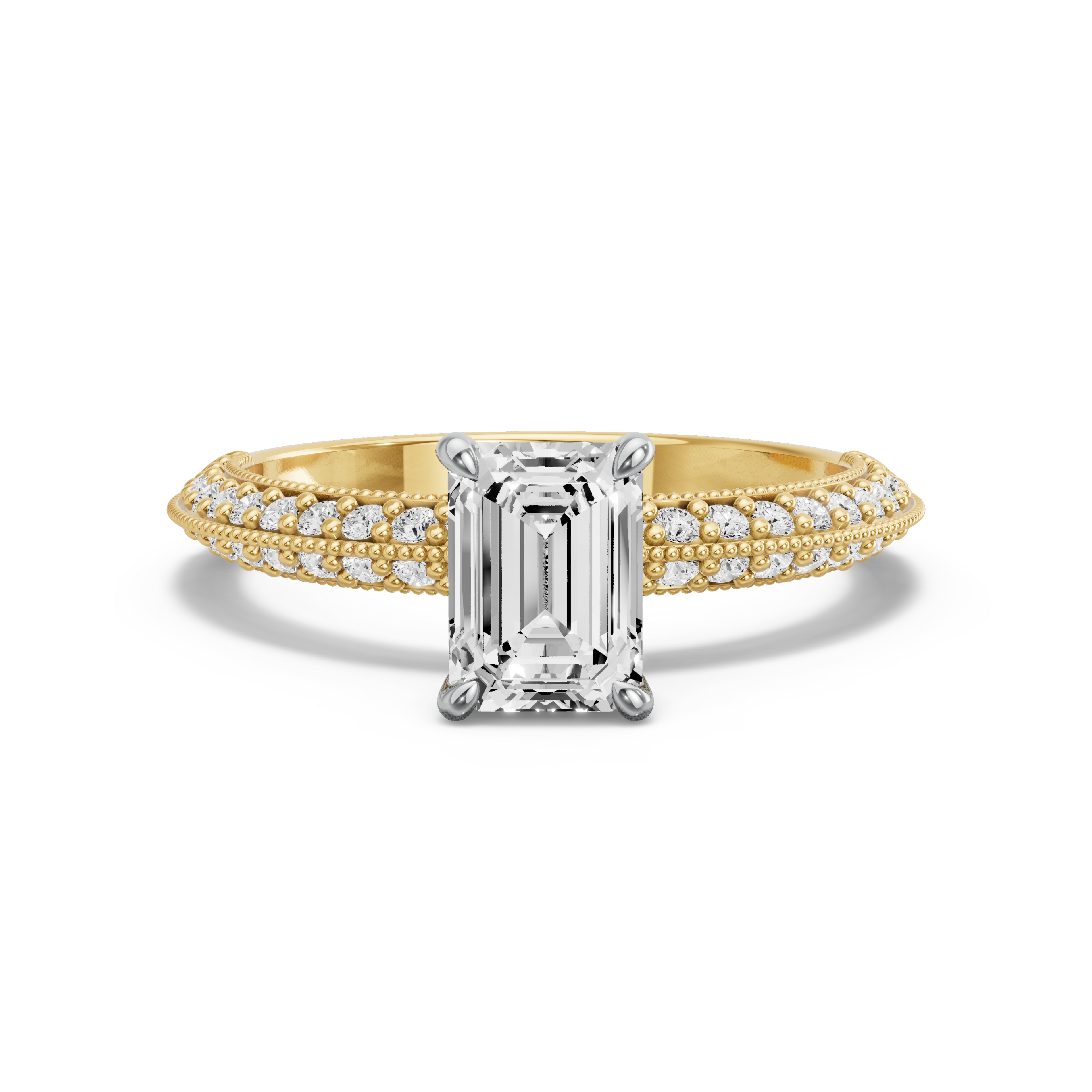 Image for Emerald Four Prong Ring with Knife Edge Pave band in 10K Two Tone Yellow Gold