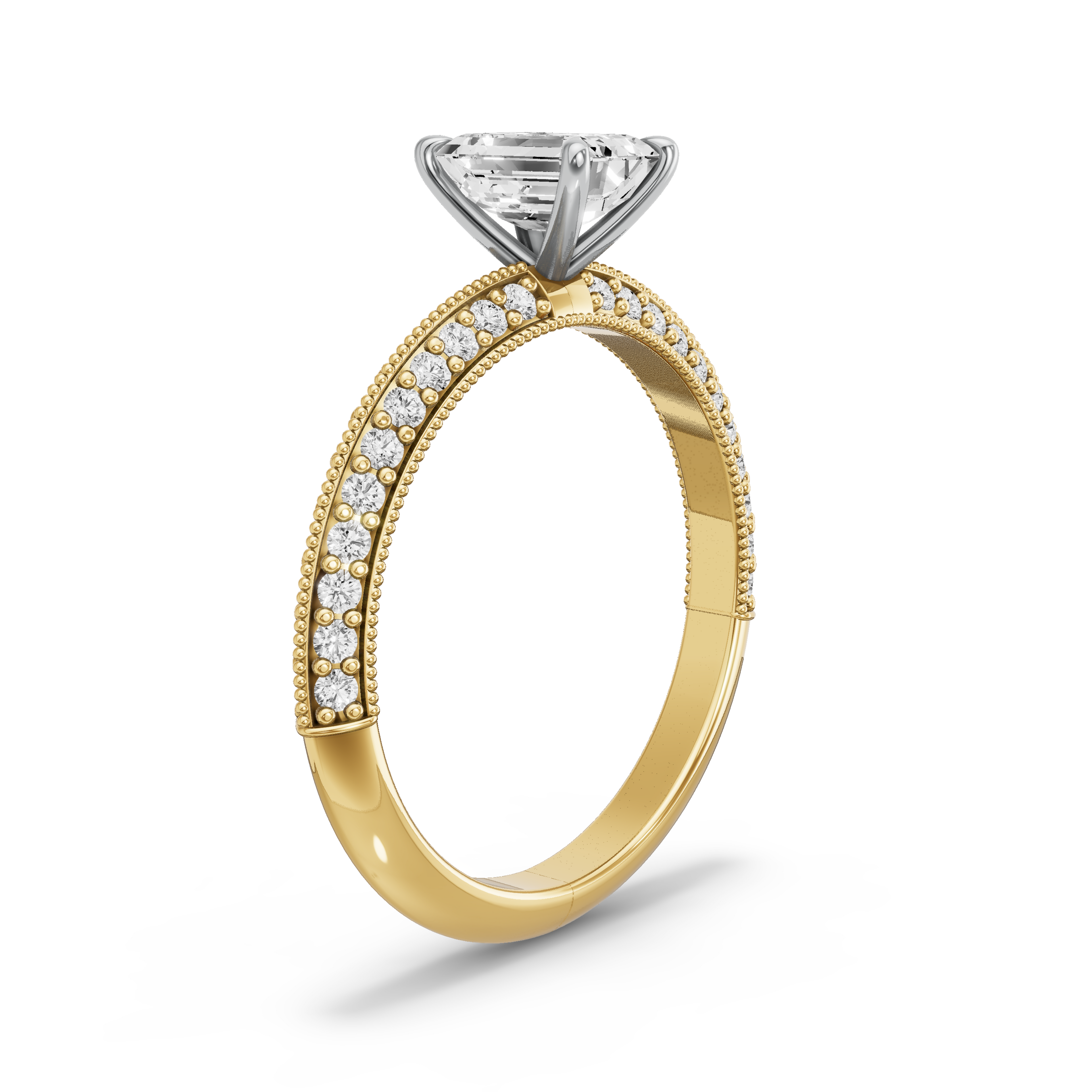 Image for Emerald Four Prong Ring with Knife Edge Pave band in 10K Two Tone Yellow Gold