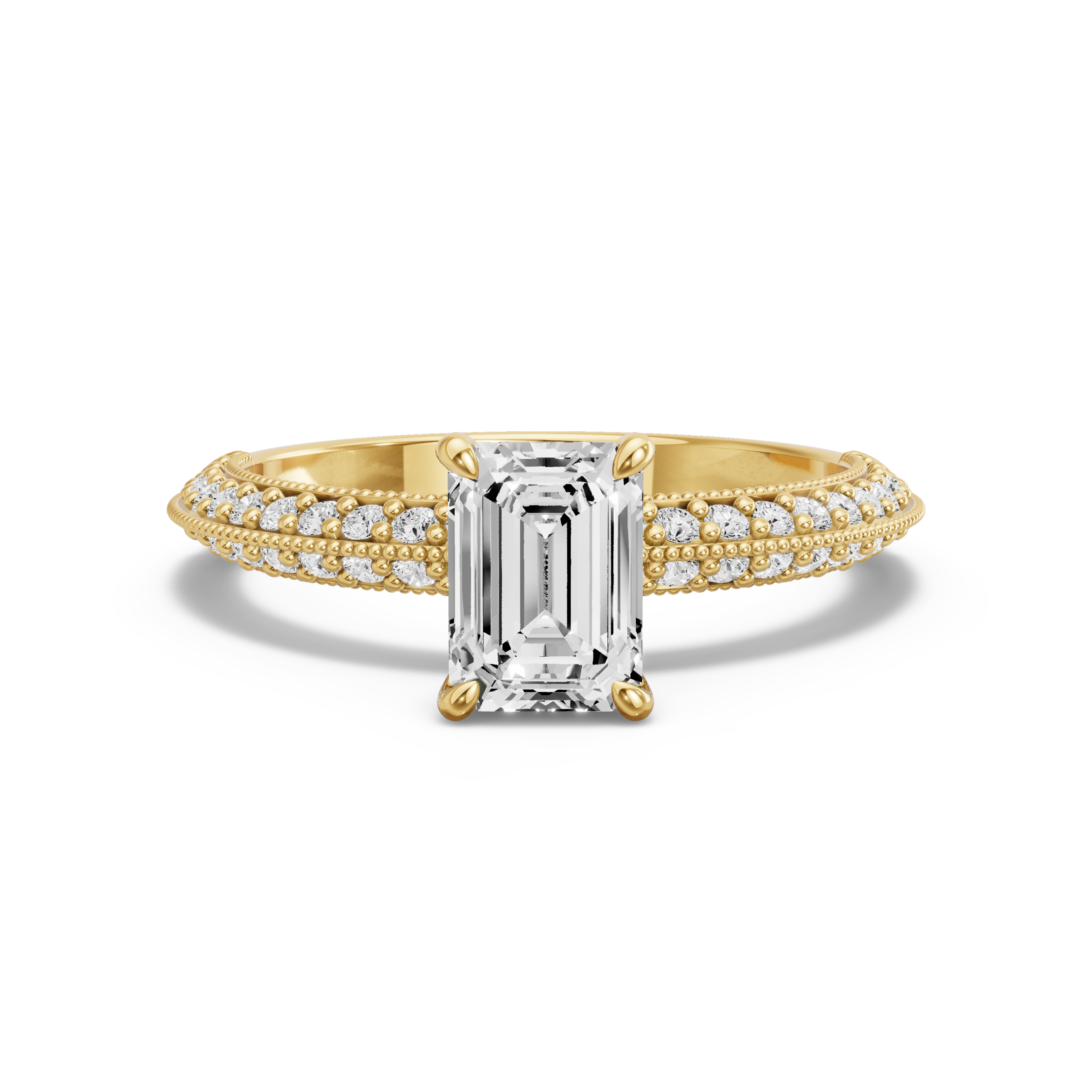 Image for Emerald Four Prong Ring with Knife Edge Pave band in 18K Yellow Gold