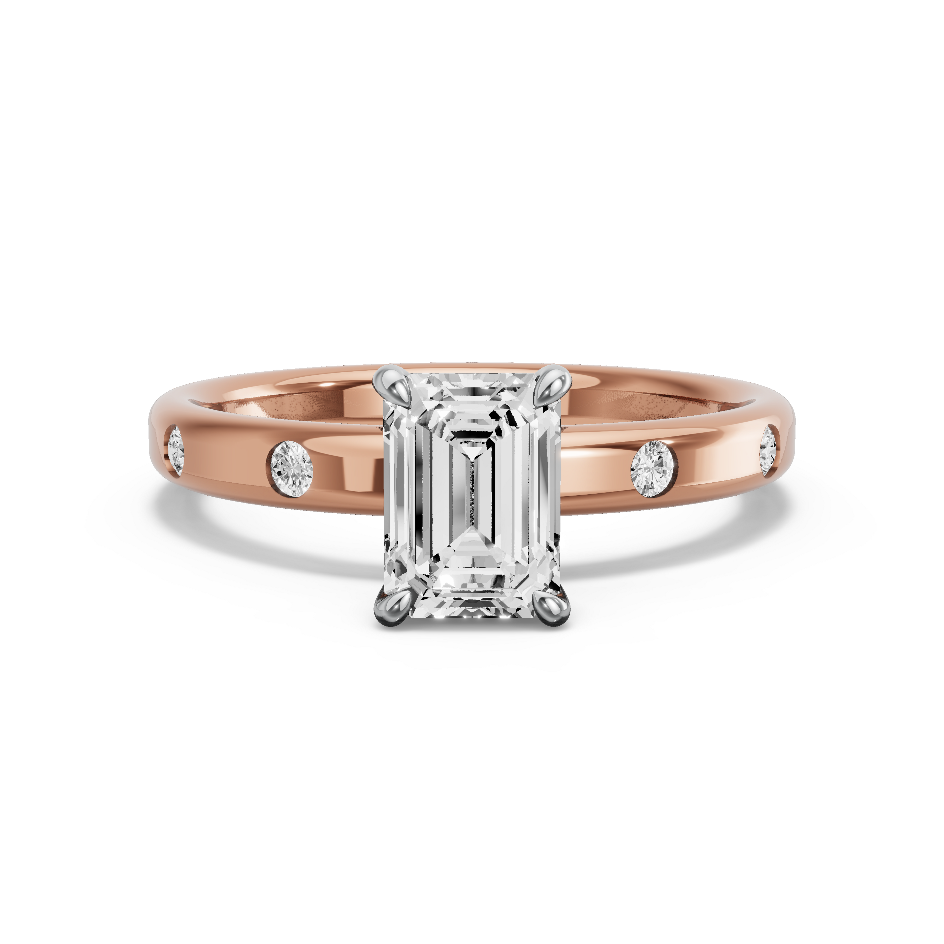 Image for Emerald Four Prong Ring with Sleek Accent band in 14K Two Tone Rose Gold