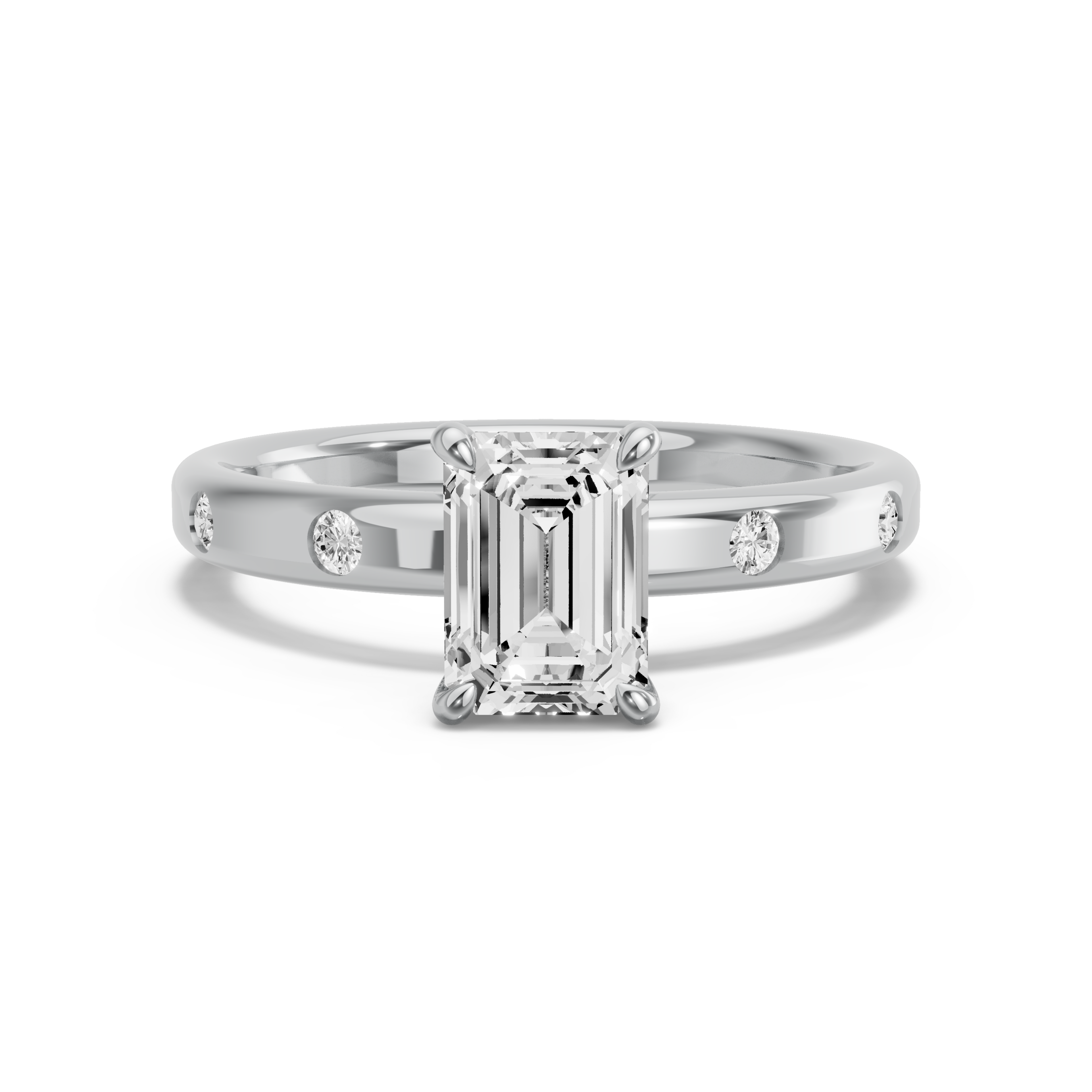 Image for Emerald Four Prong Ring with Sleek Accent band in 10K White Gold