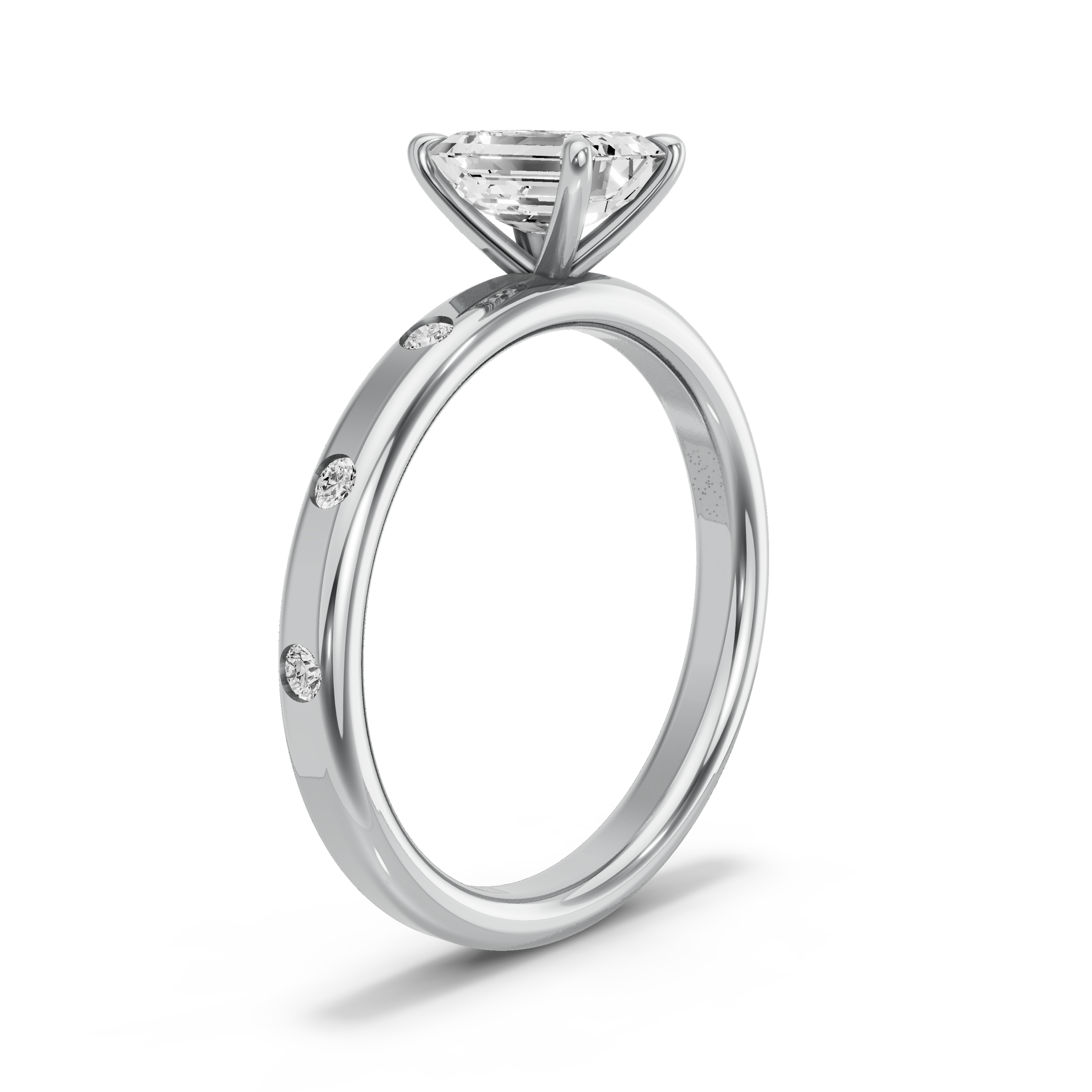 Image for Emerald Four Prong Ring with Sleek Accent band in 10K White Gold