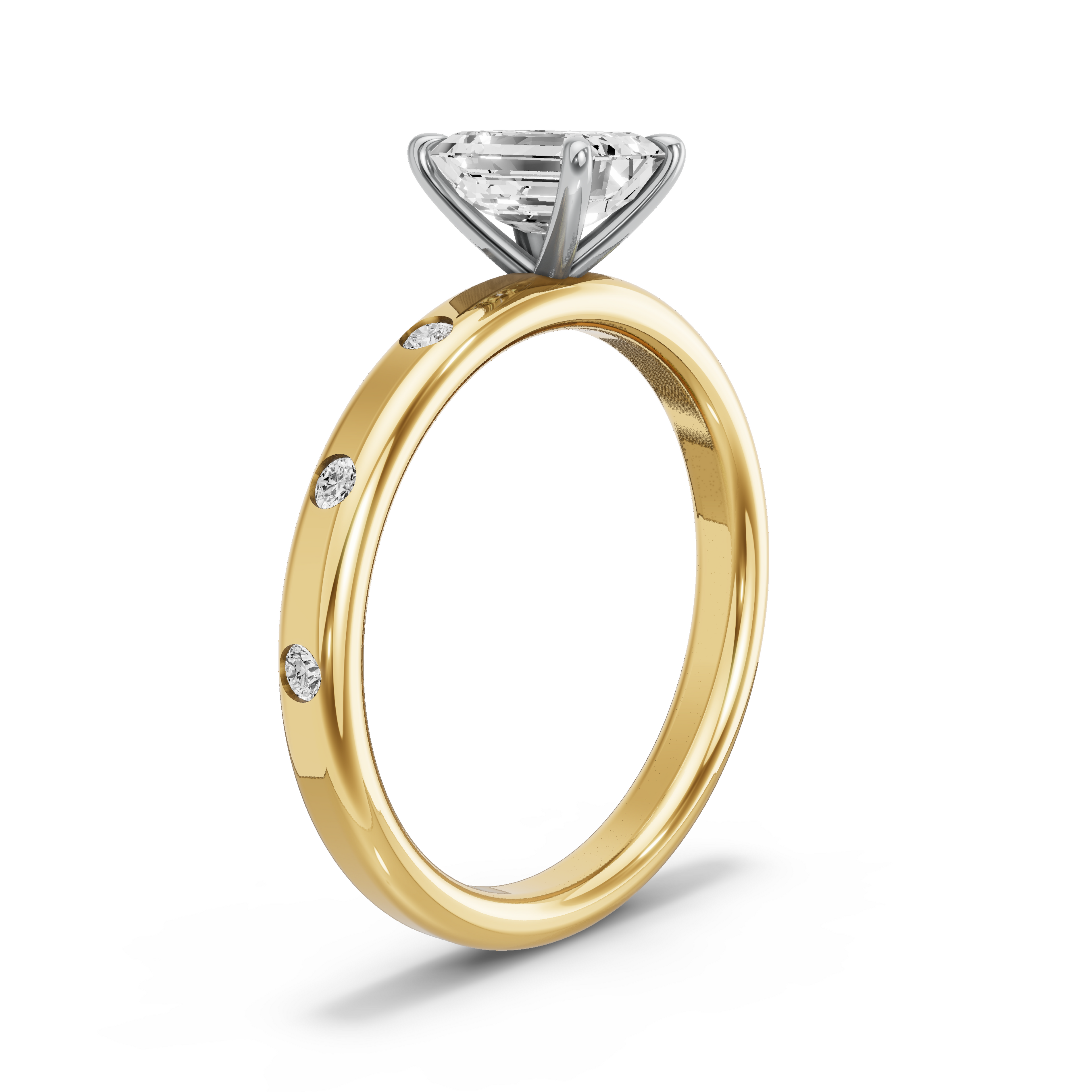 Image for Emerald Four Prong Ring with Sleek Accent band in 10K Two Tone Yellow Gold