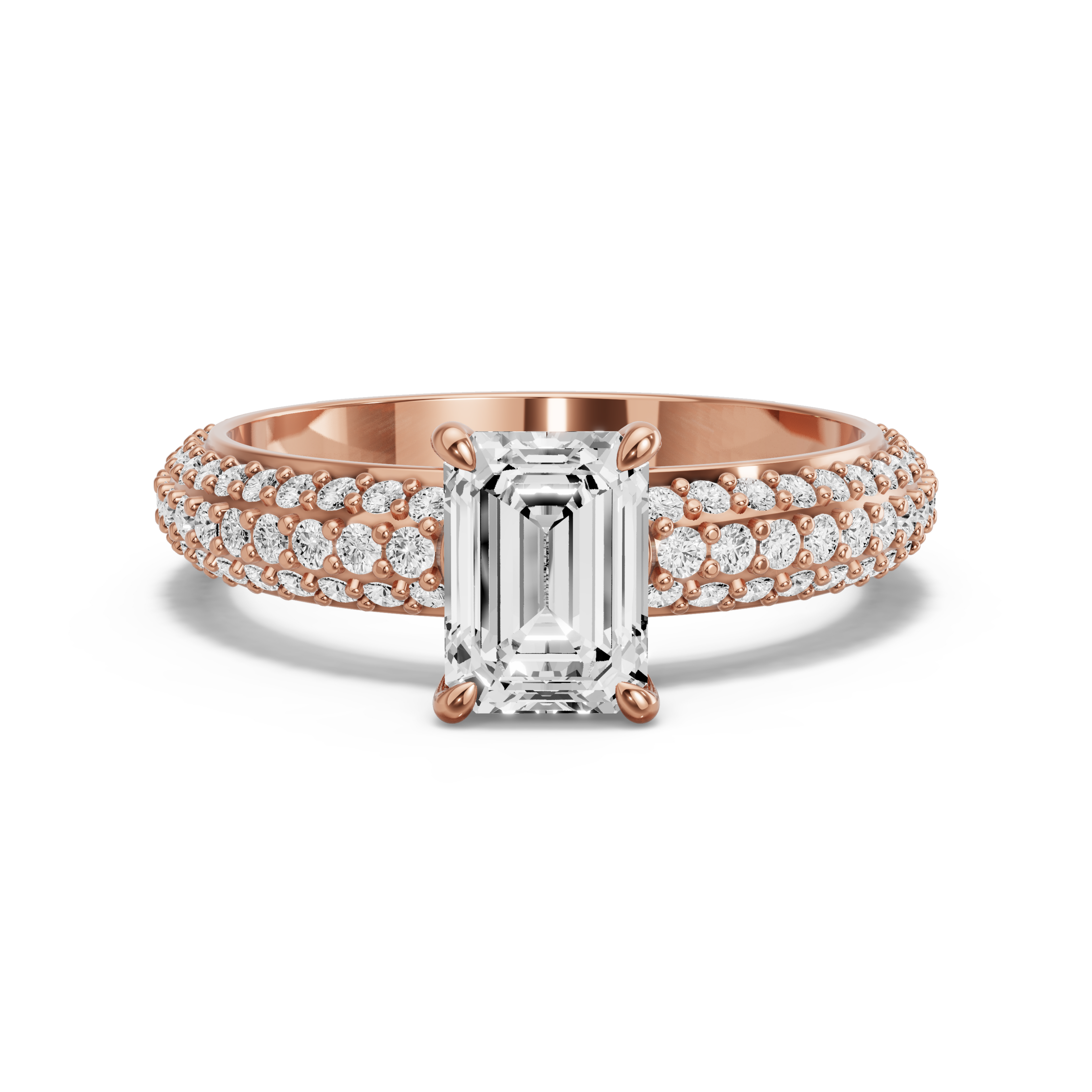 Image for Emerald Four Prong Ring with Triple Row Pave band in 14K Rose Gold