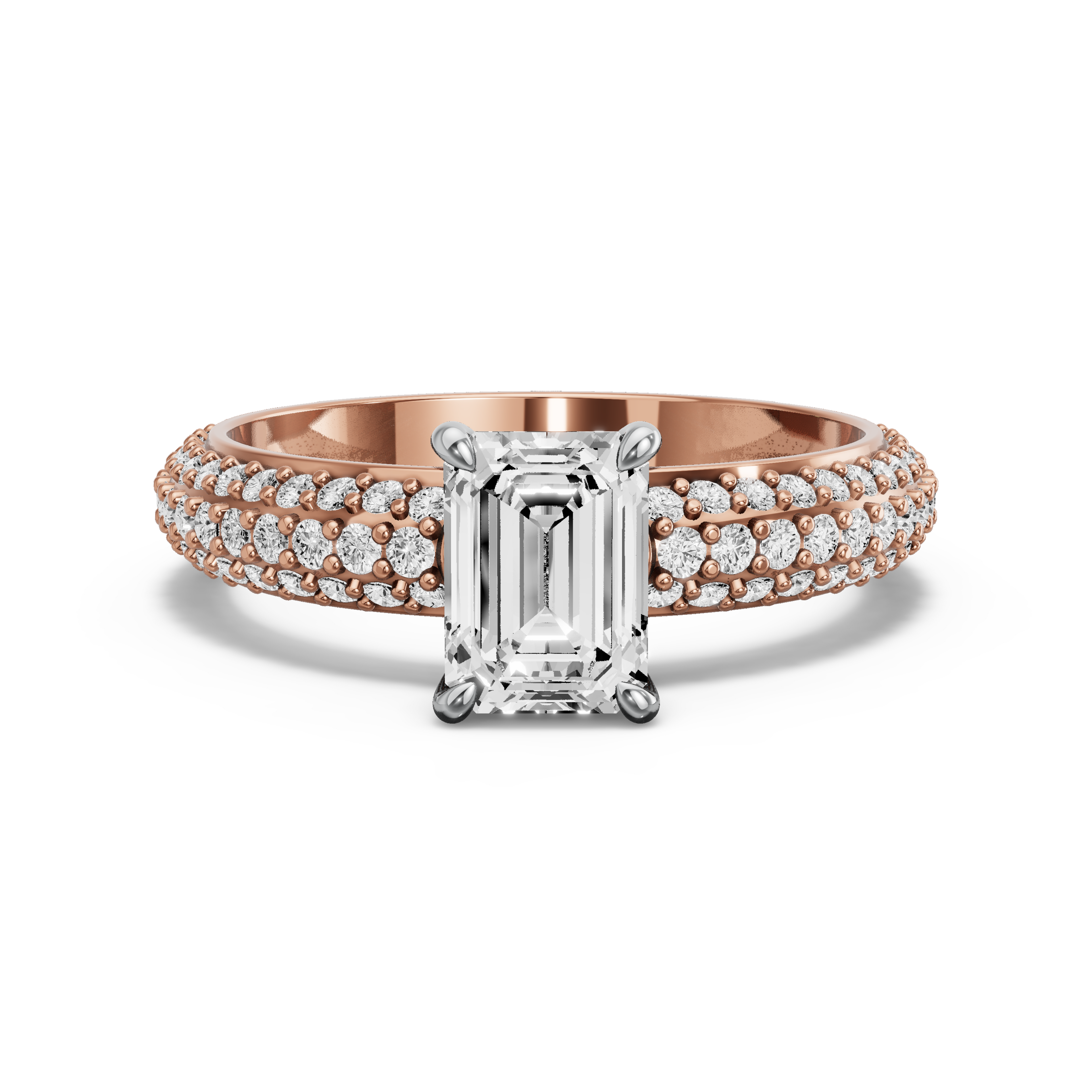 Image for Emerald Four Prong Ring with Triple Row Pave band in 18K Two Tone Rose Gold