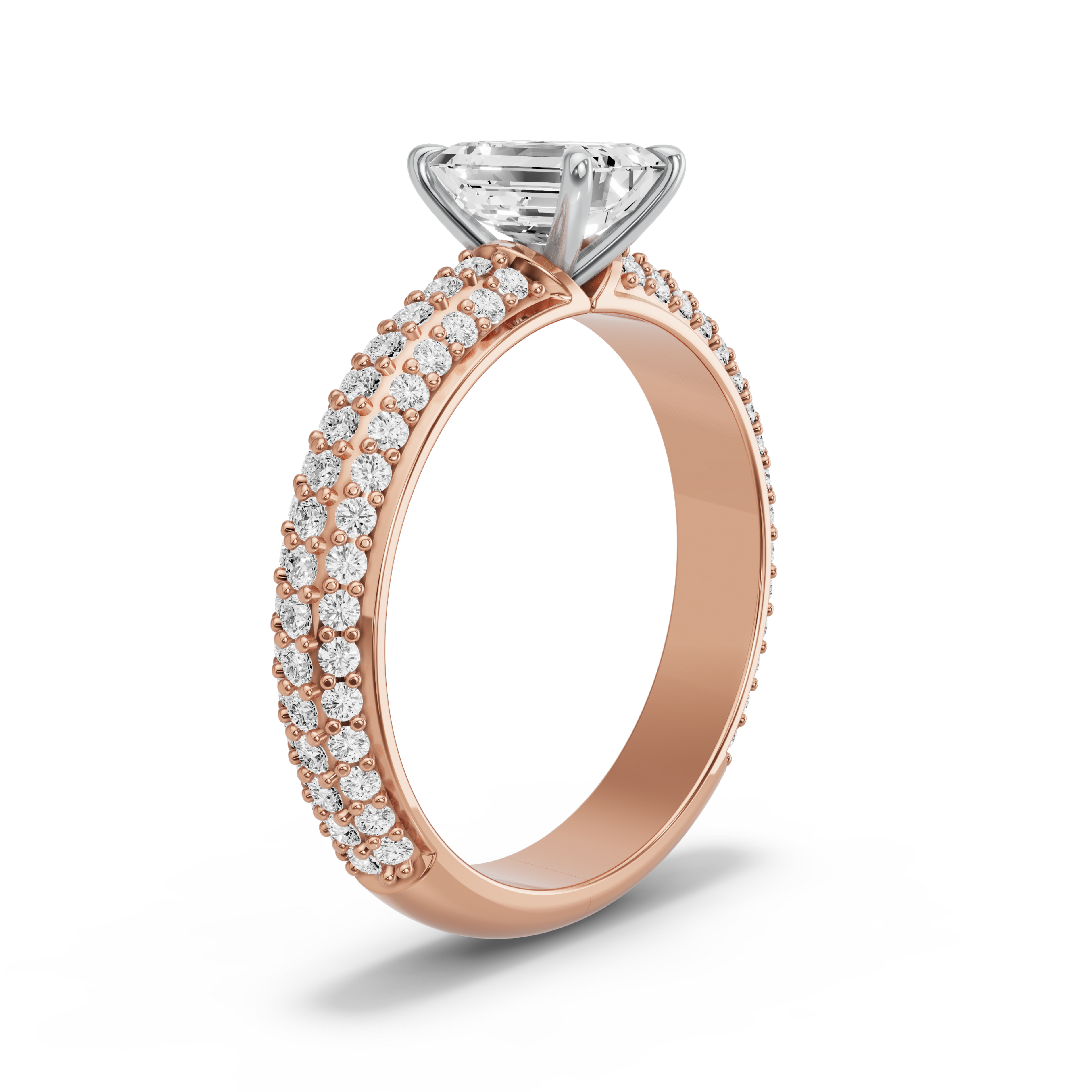 Image for Emerald Four Prong Ring with Triple Row Pave band in 14K Two Tone Rose Gold