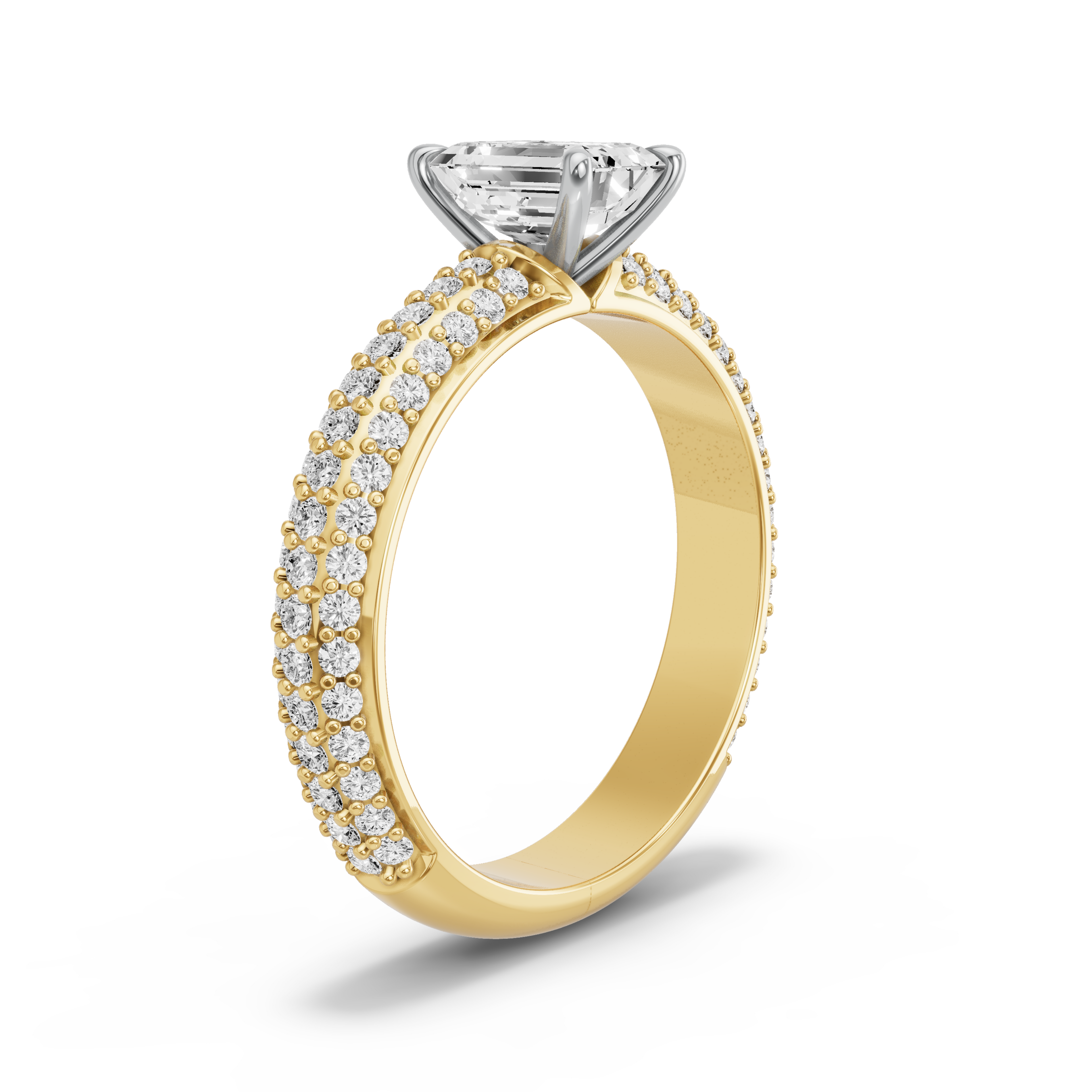 Image for Emerald Four Prong Ring with Triple Row Pave band in 14K Two Tone Yellow Gold