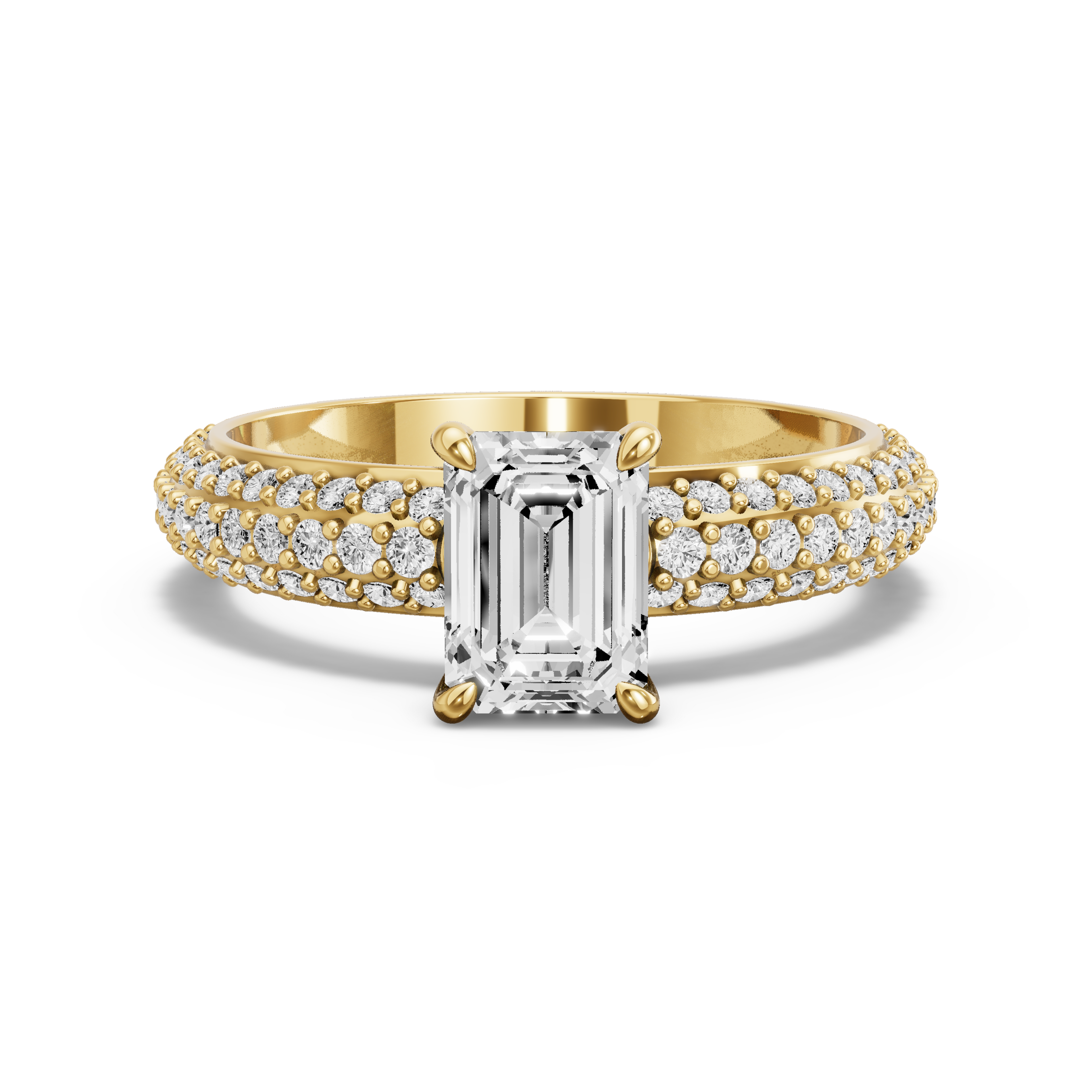 Image for Emerald Four Prong Ring with Triple Row Pave band in 14K Yellow Gold