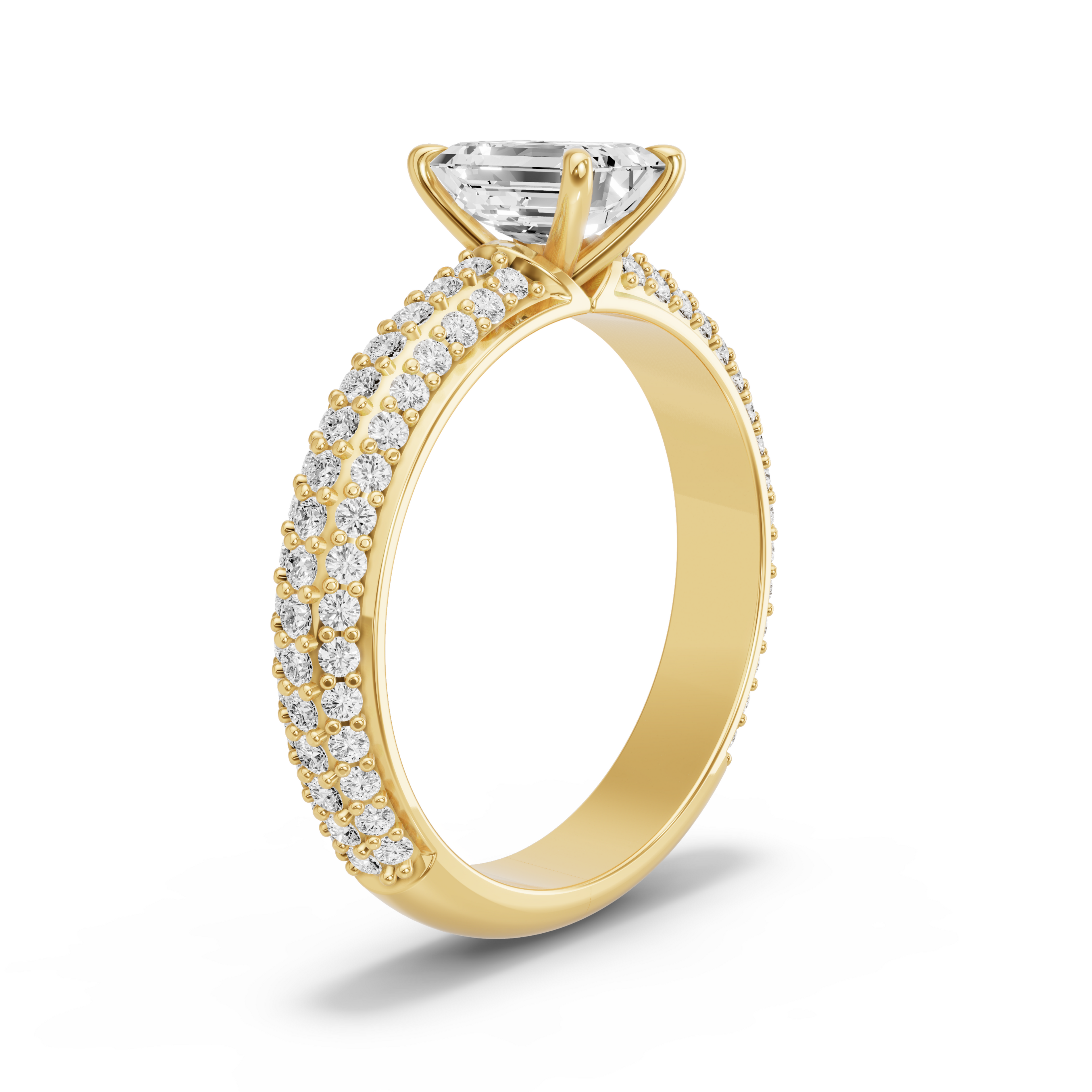 Image for Emerald Four Prong Ring with Triple Row Pave band in 18K Yellow Gold
