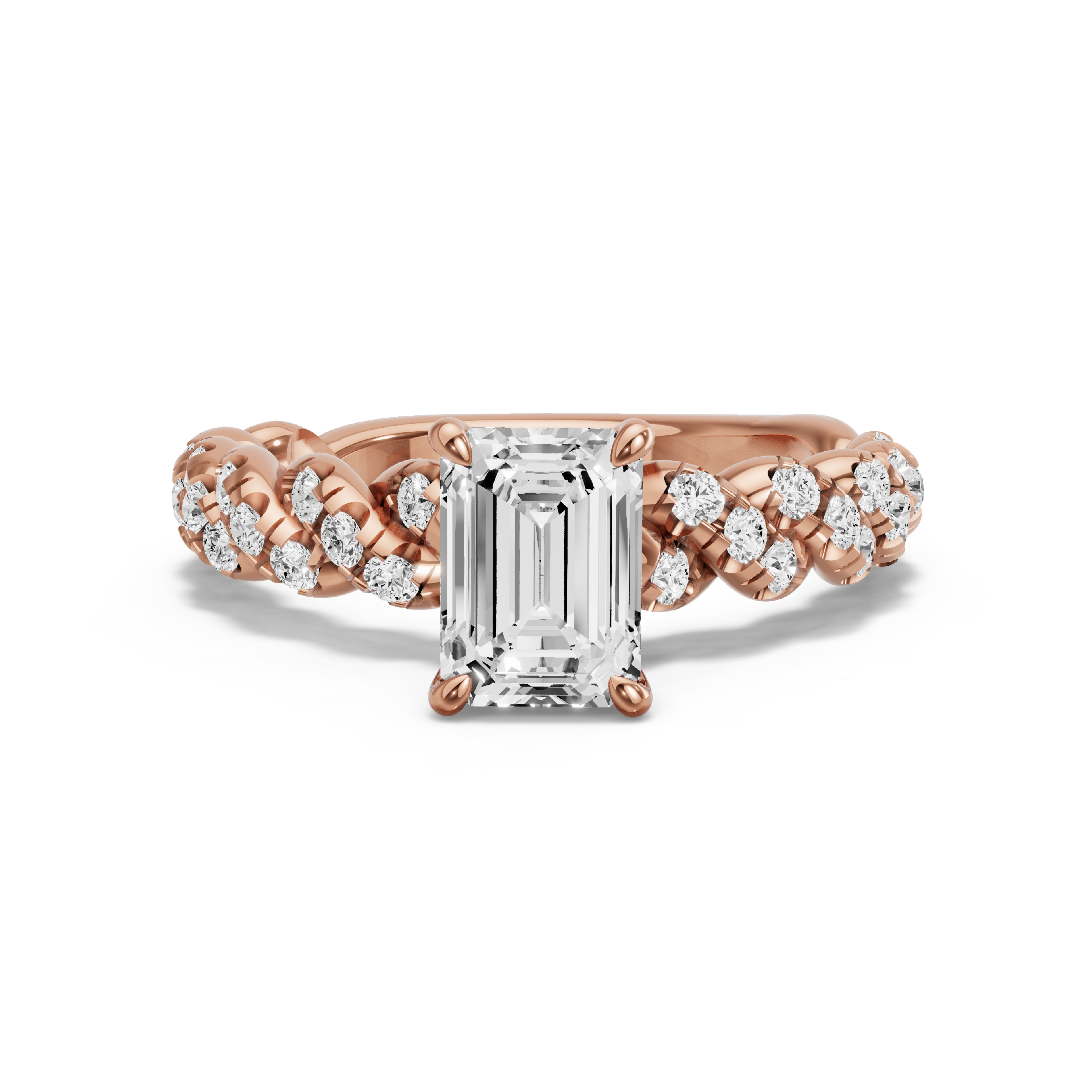 Image for Emerald Four Prong Ring with Twist Pave band in 10K Rose Gold