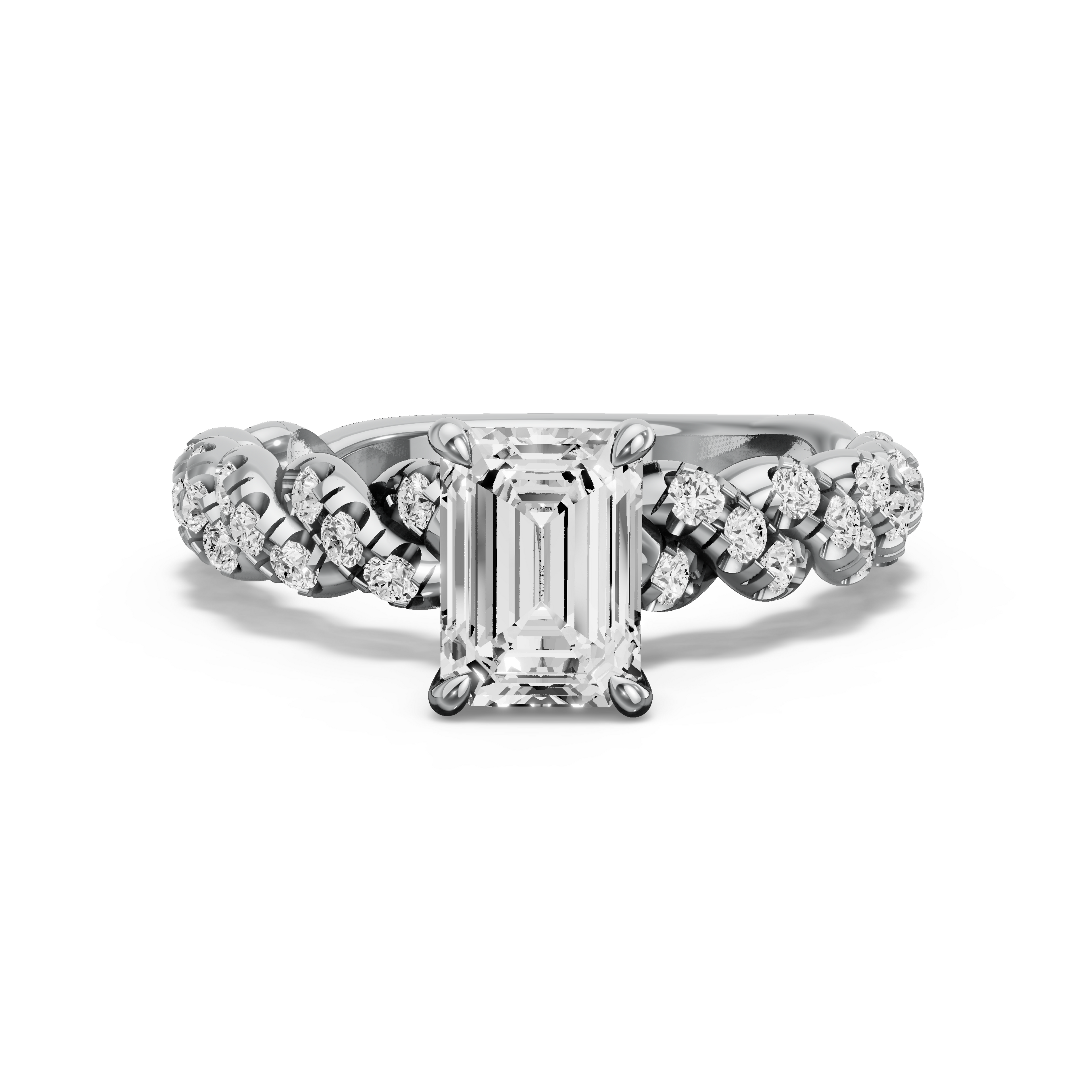 Image for Emerald Four Prong Ring with Twist Pave band in 10K White Gold
