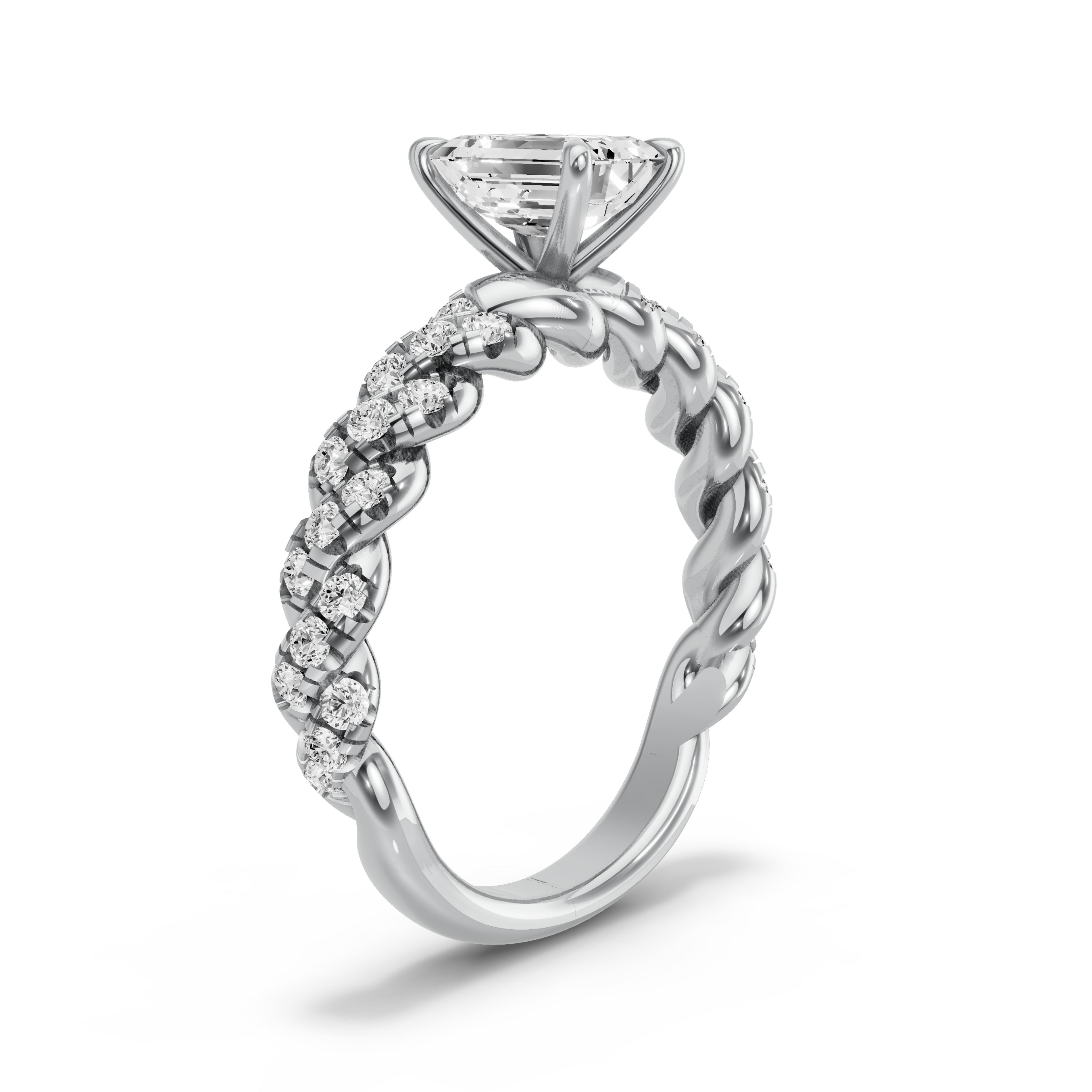 Image for Emerald Four Prong Ring with Twist Pave band in 10K White Gold