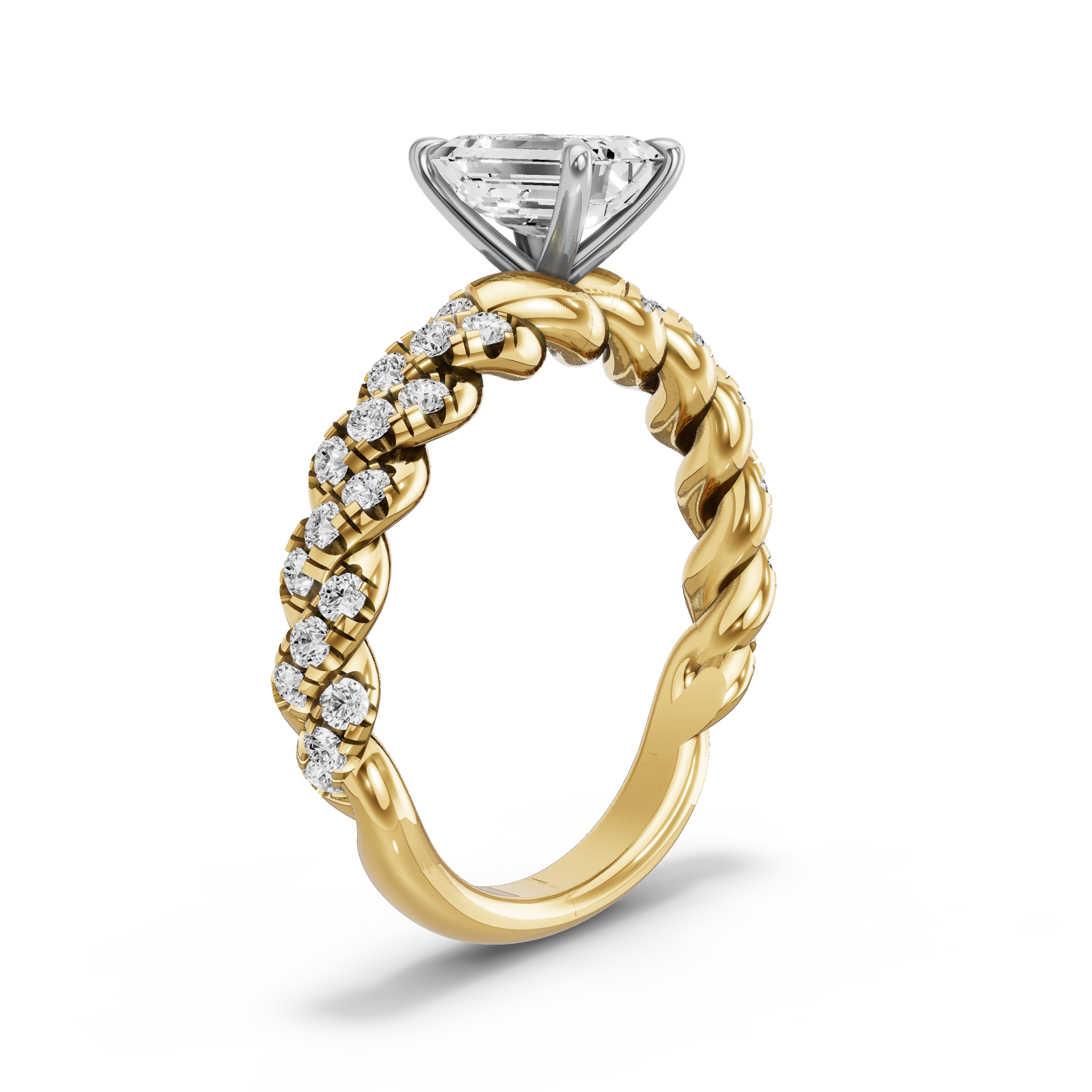 Image for Emerald Four Prong Ring with Twist Pave band in 14K Two Tone Yellow Gold