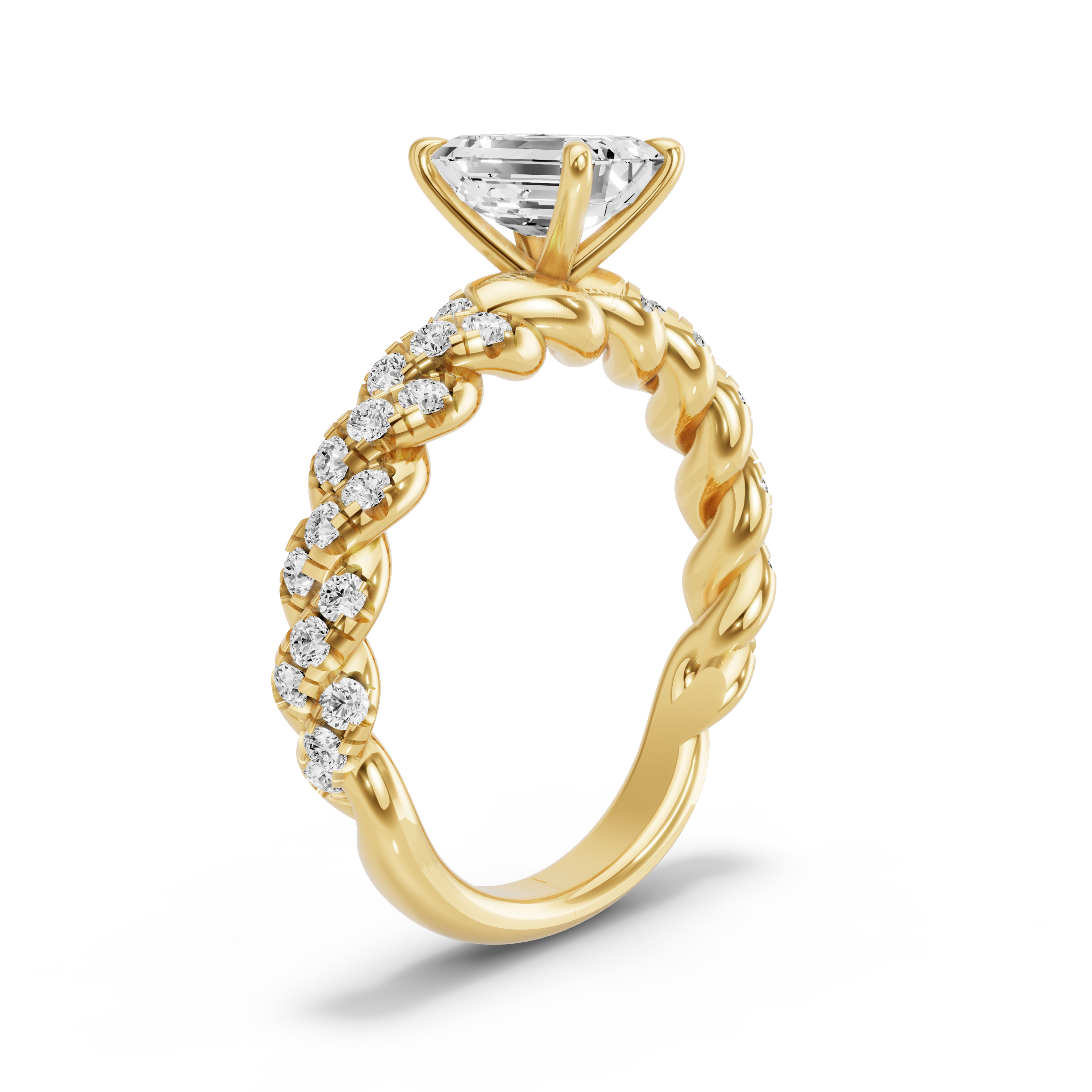 Image for Emerald Four Prong Ring with Twist Pave band in 18K Yellow Gold