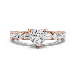 Image for Heart Four Prong Ring with Alternating Baguette band in 14K Rose Gold