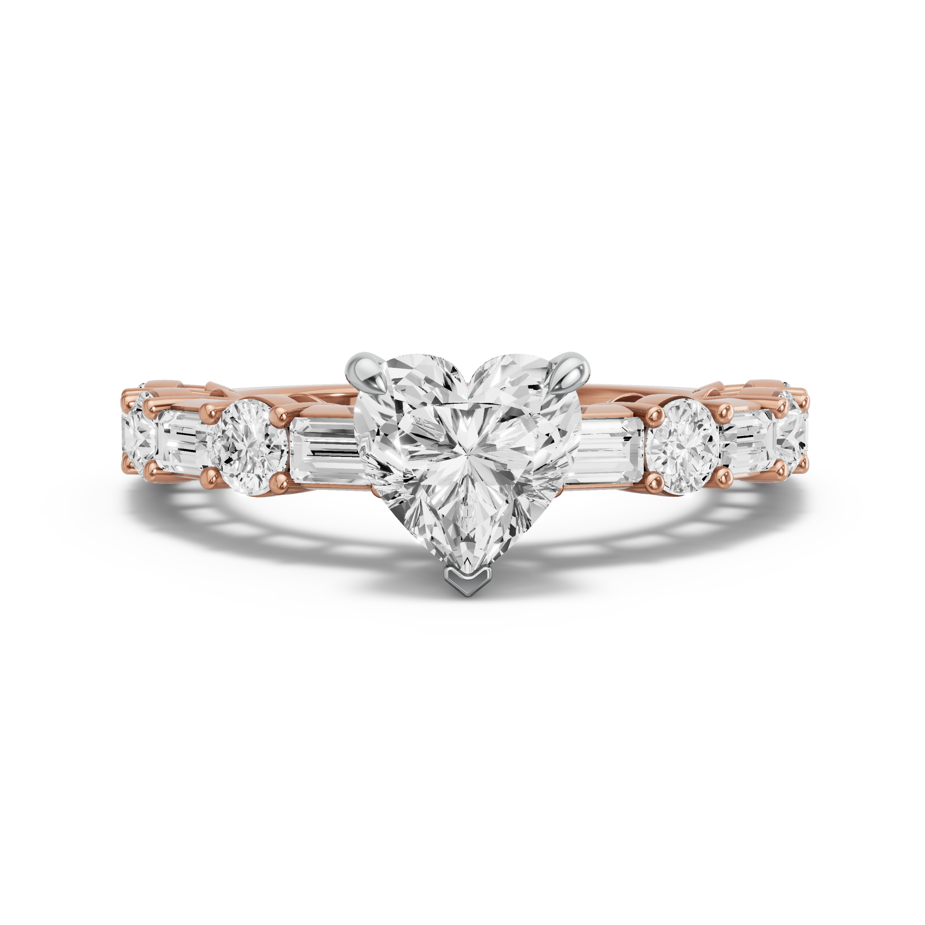 Image for Heart Four Prong Ring with Alternating Baguette band in 14K Two Tone Rose Gold