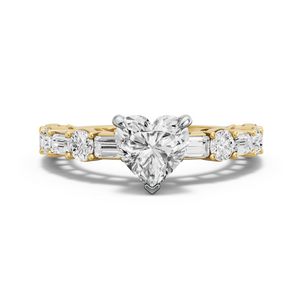 Image for Heart Four Prong Ring with Alternating Baguette band in 14K Two Tone Yellow Gold