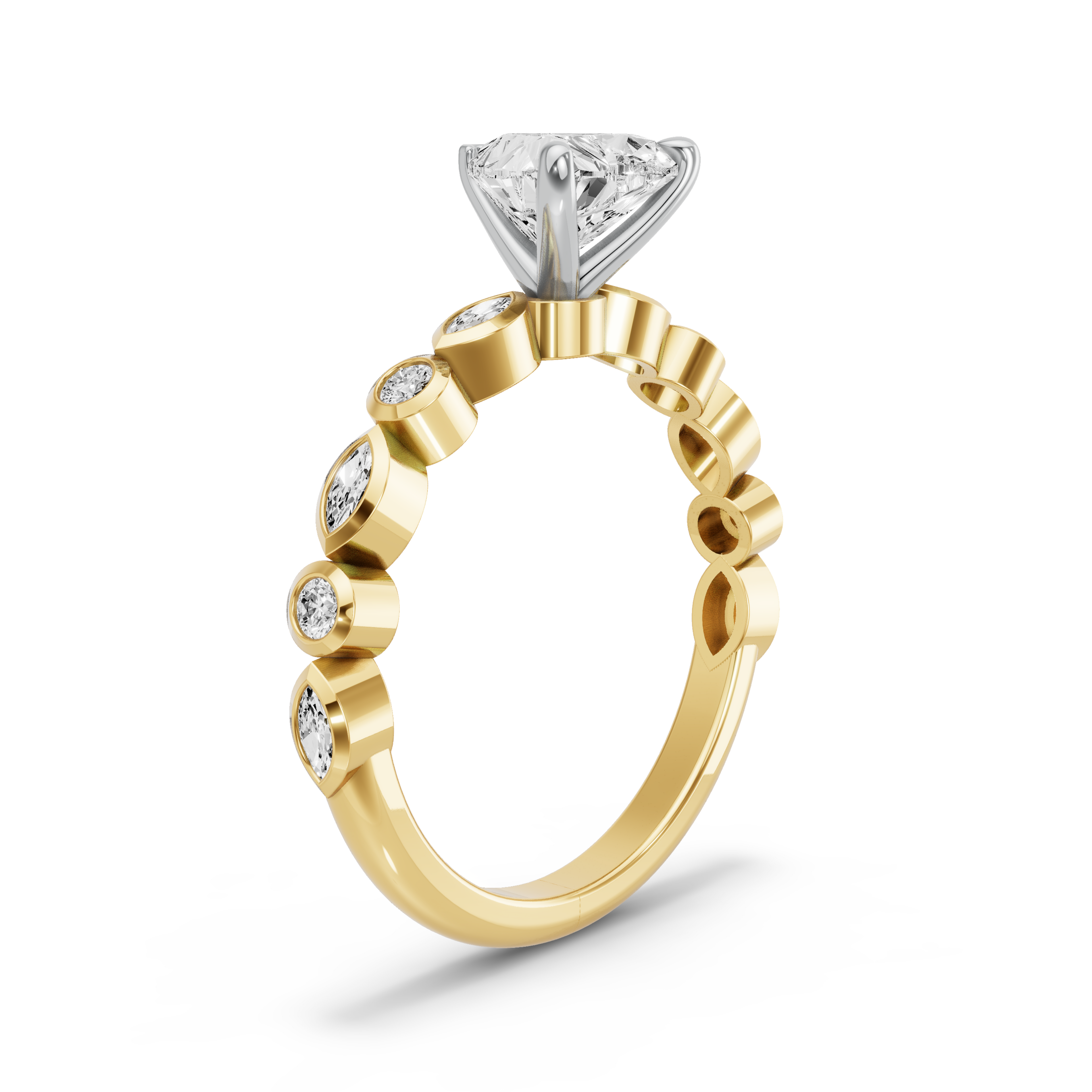 Image for heart-four-prong-ring-with-alternating-marquise-band-in-10k-two-tone-yellow-gold
