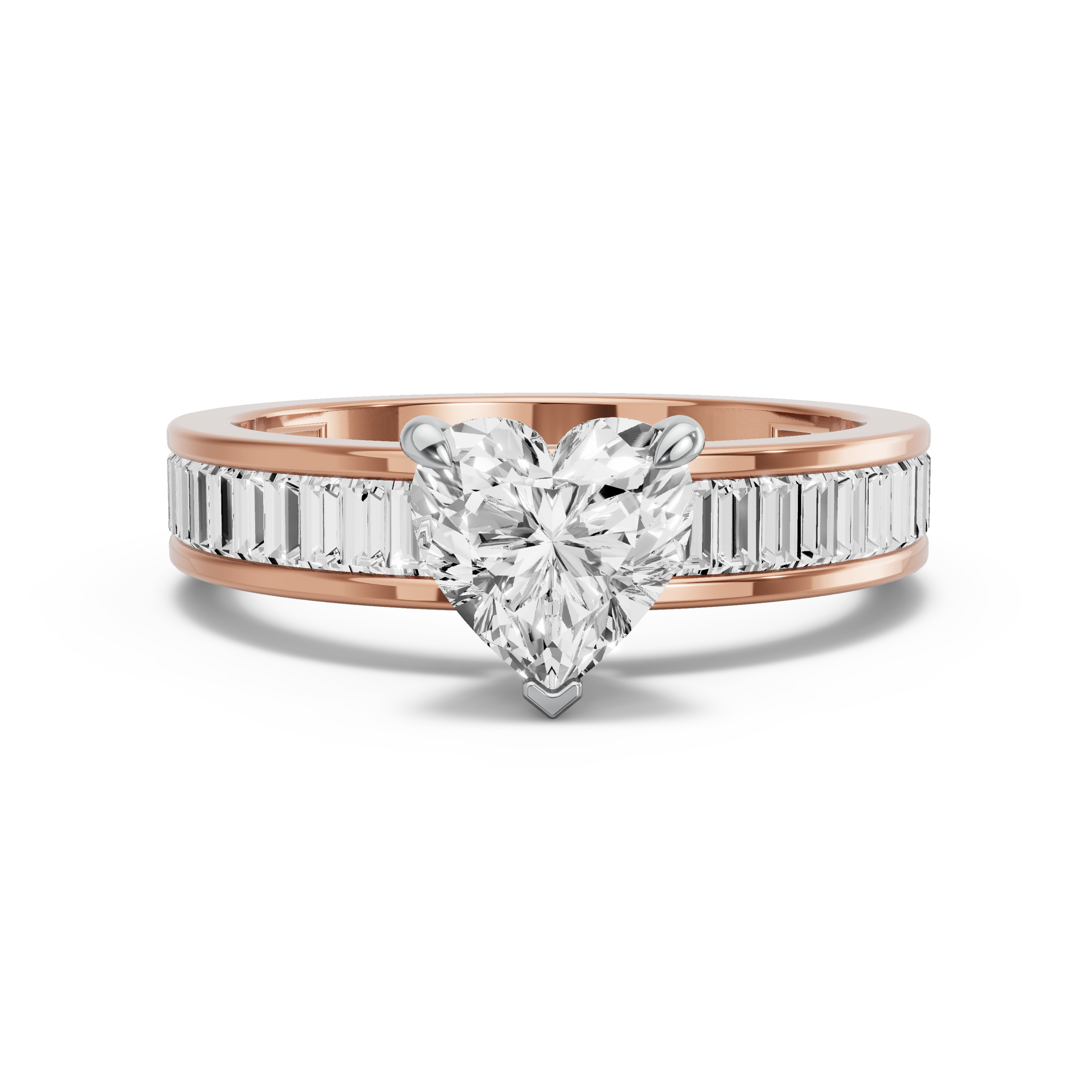 Image for Heart Four Prong Ring with Baguette Channel band in 18K Two Tone Rose Gold