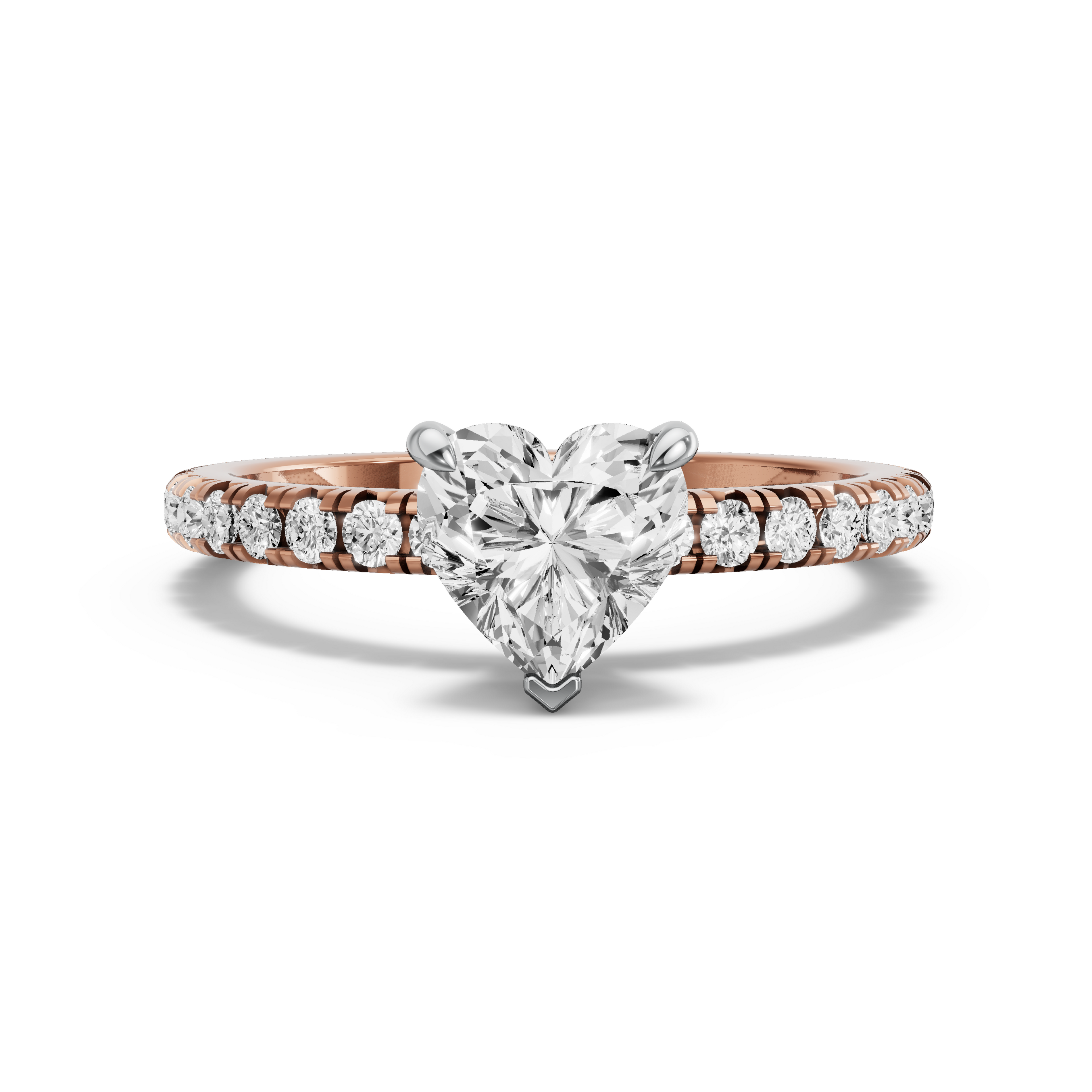 Image for Heart Four Prong Ring with French Pave band in 18K Two Tone Rose Gold