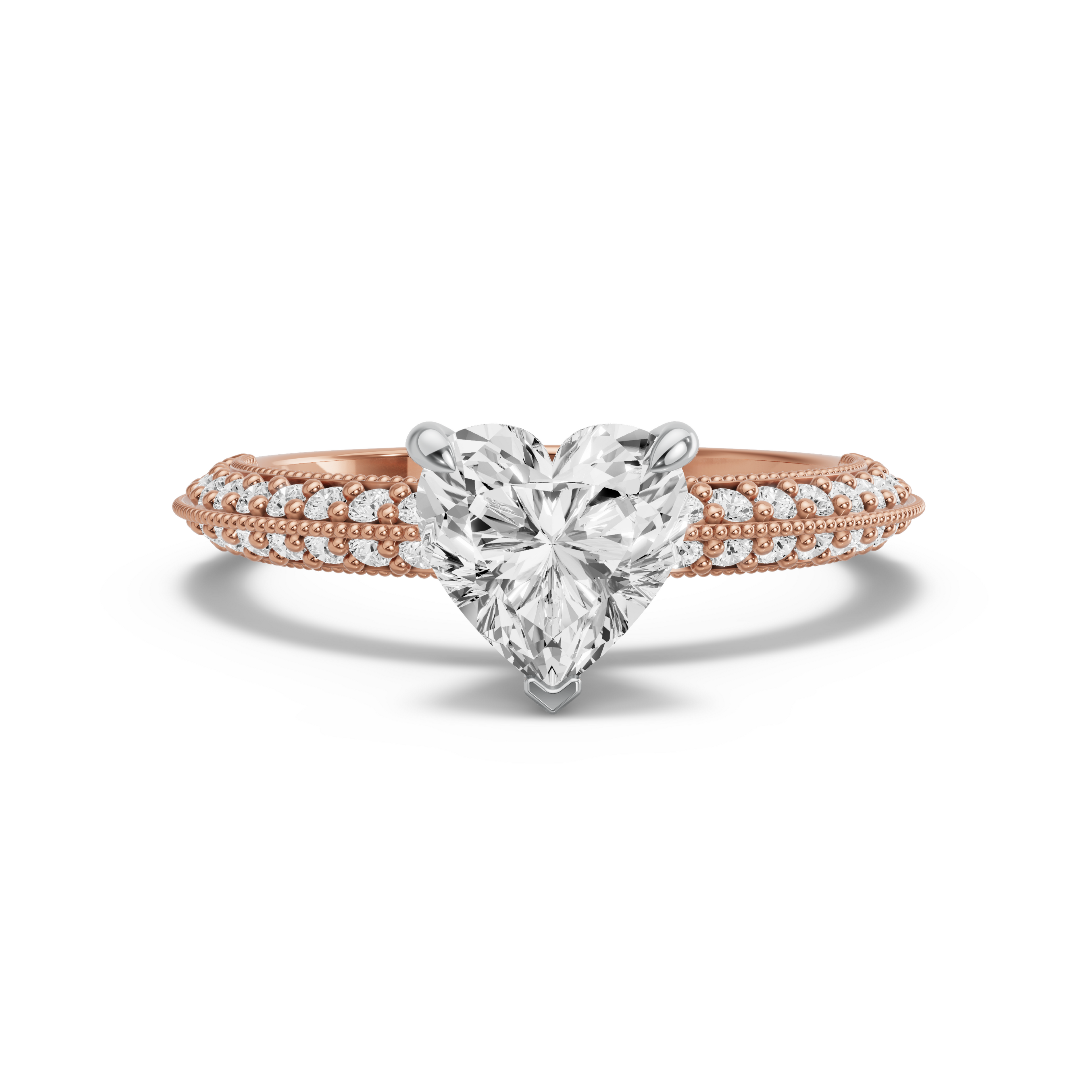 Image for Heart Four Prong Ring with Knife Edge Pave band in 18K Two Tone Rose Gold