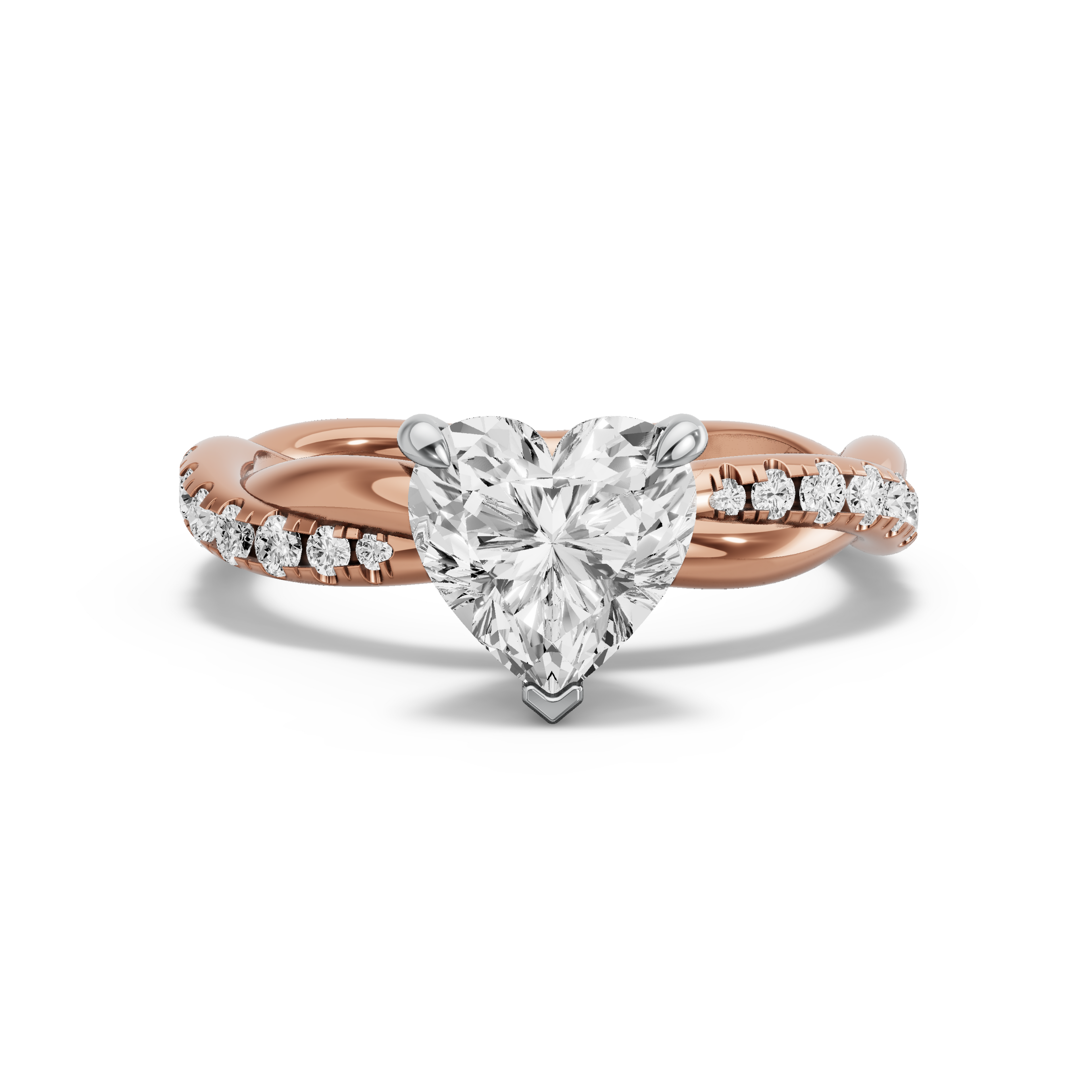 Image for Heart Four Prong Ring with Rope Pave band in 18K Two Tone Rose Gold