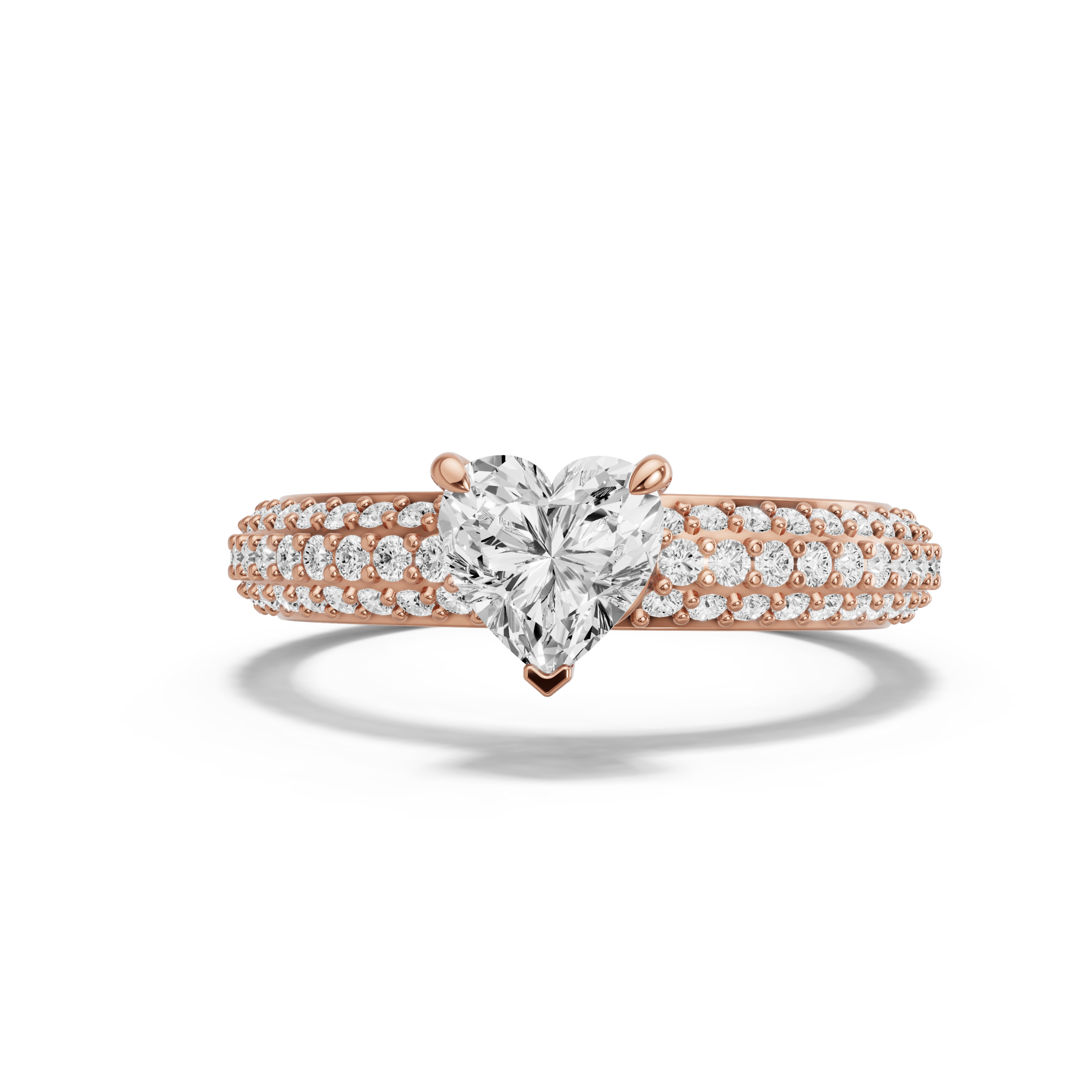 Image for heart-four-prong-ring-with-triple-row-pave-band-in-18k-rose-gold