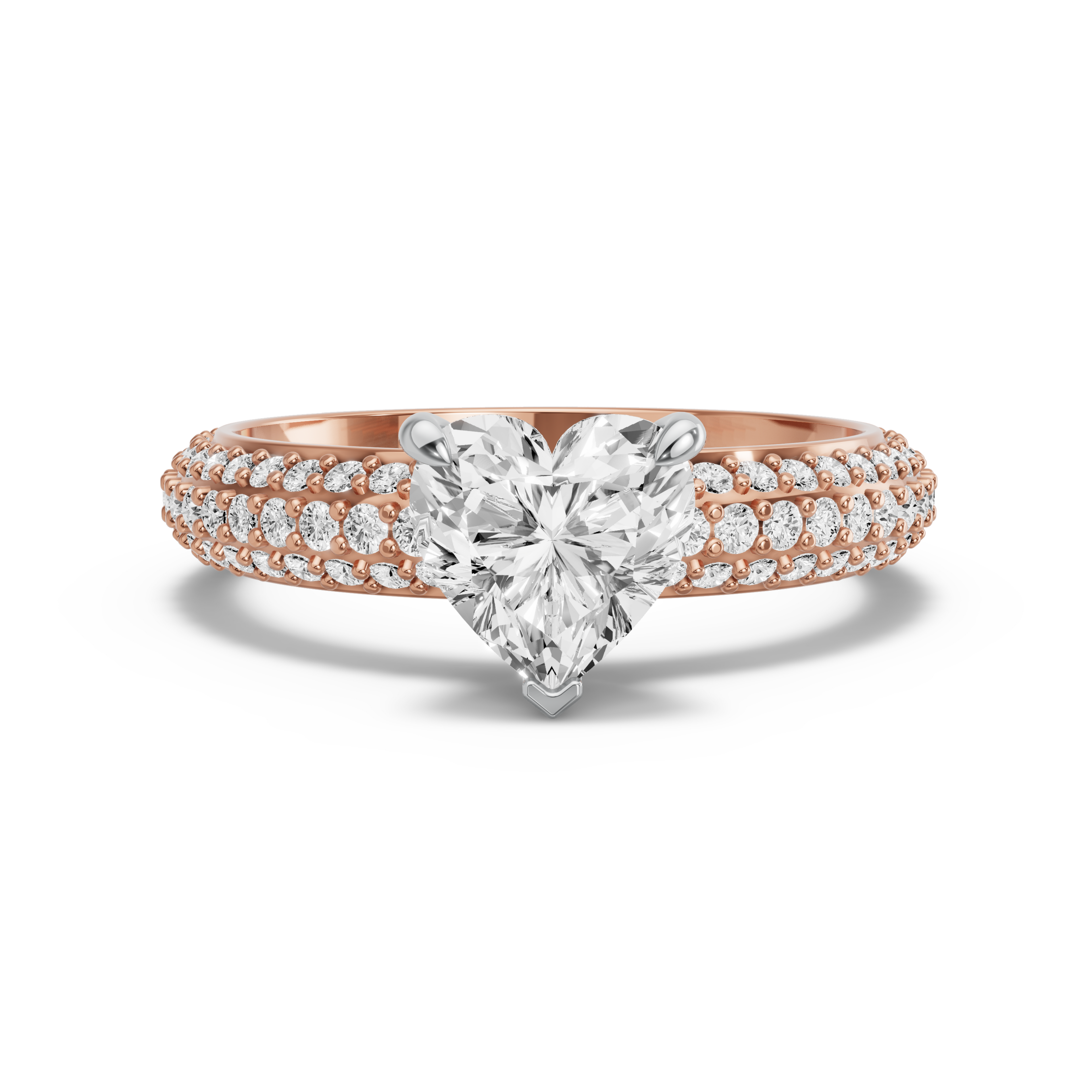 Image for Heart Four Prong Ring with Triple Row Pave band in 10K Two Tone Rose Gold