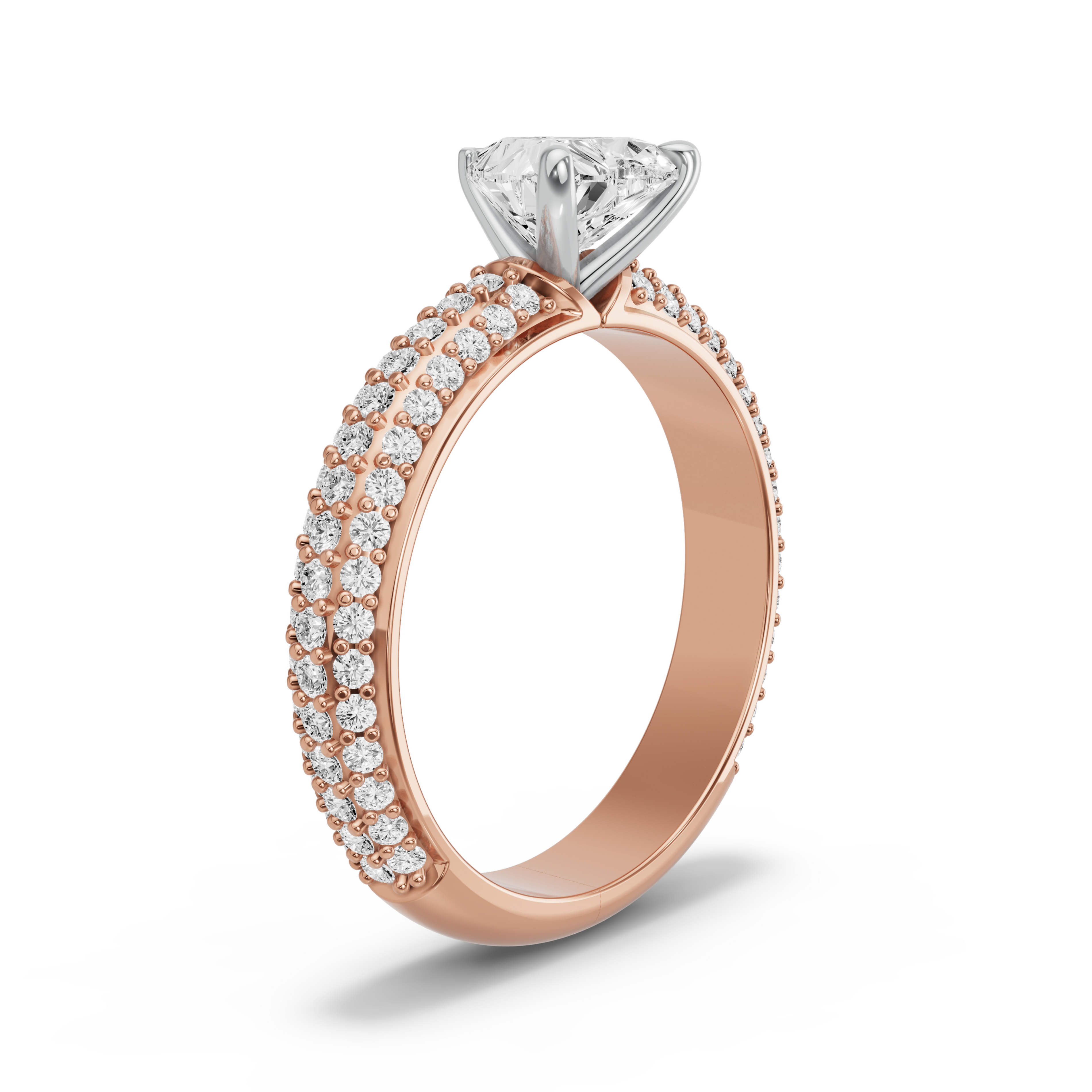 Image for Heart Four Prong Ring with Triple Row Pave band in 18K Two Tone Rose Gold