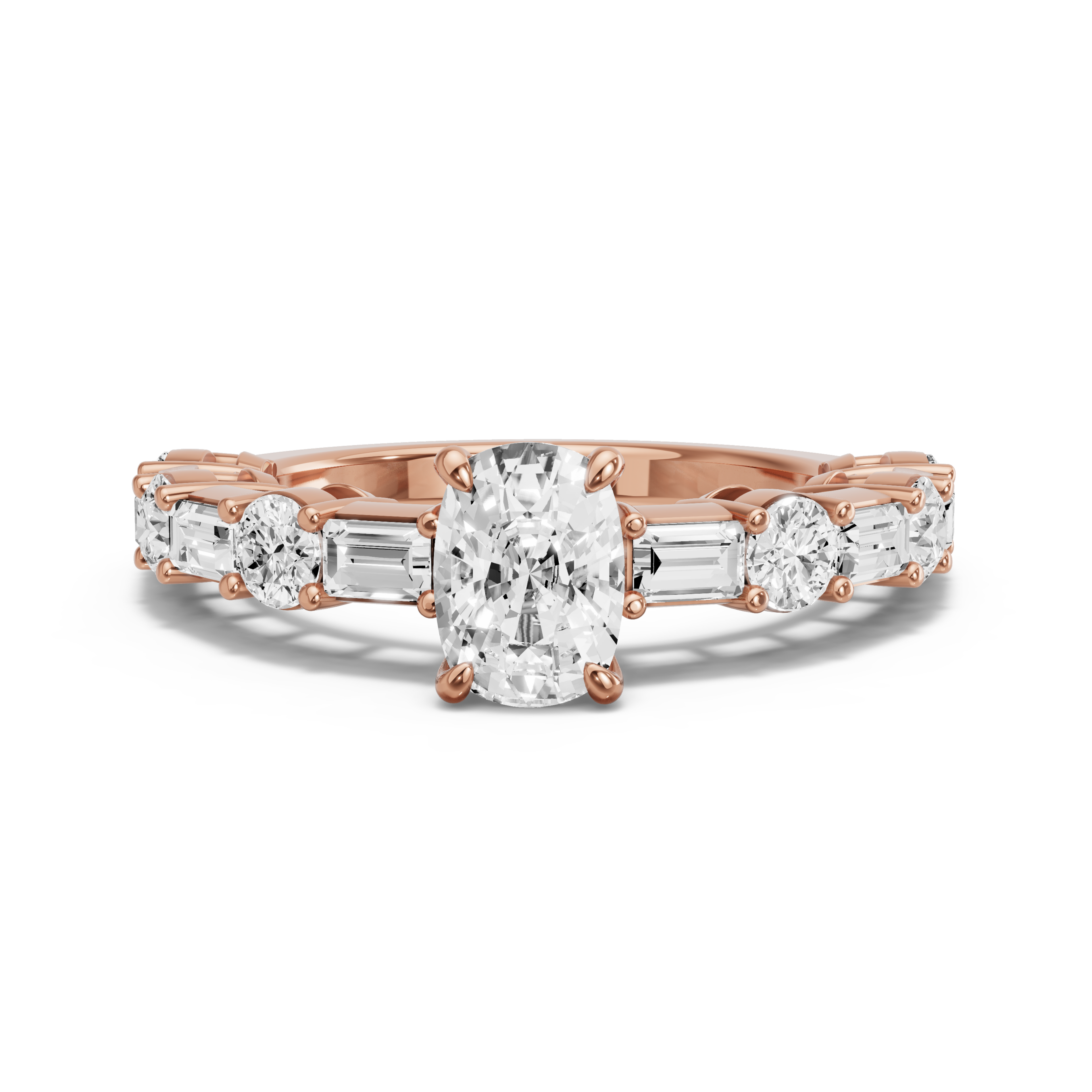 Image for Cushion Four Prong Ring with Alternating Baguette band in 10K Rose Gold