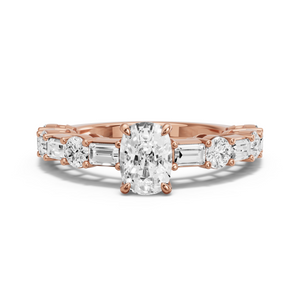 Image for Cushion Four Prong Ring with Alternating Baguette band in 14K Rose Gold