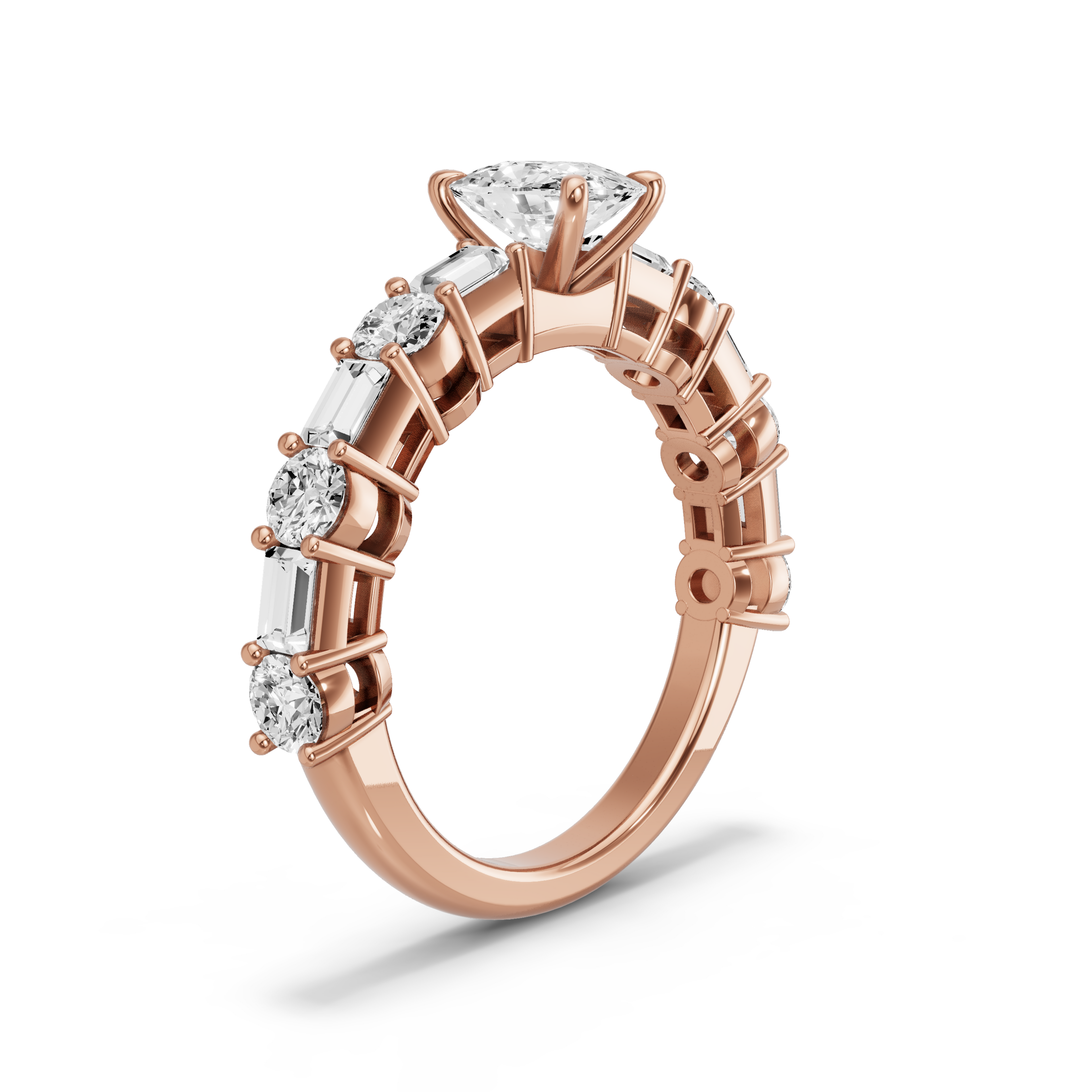 Image for Cushion Four Prong Ring with Alternating Baguette band in 18K Rose Gold
