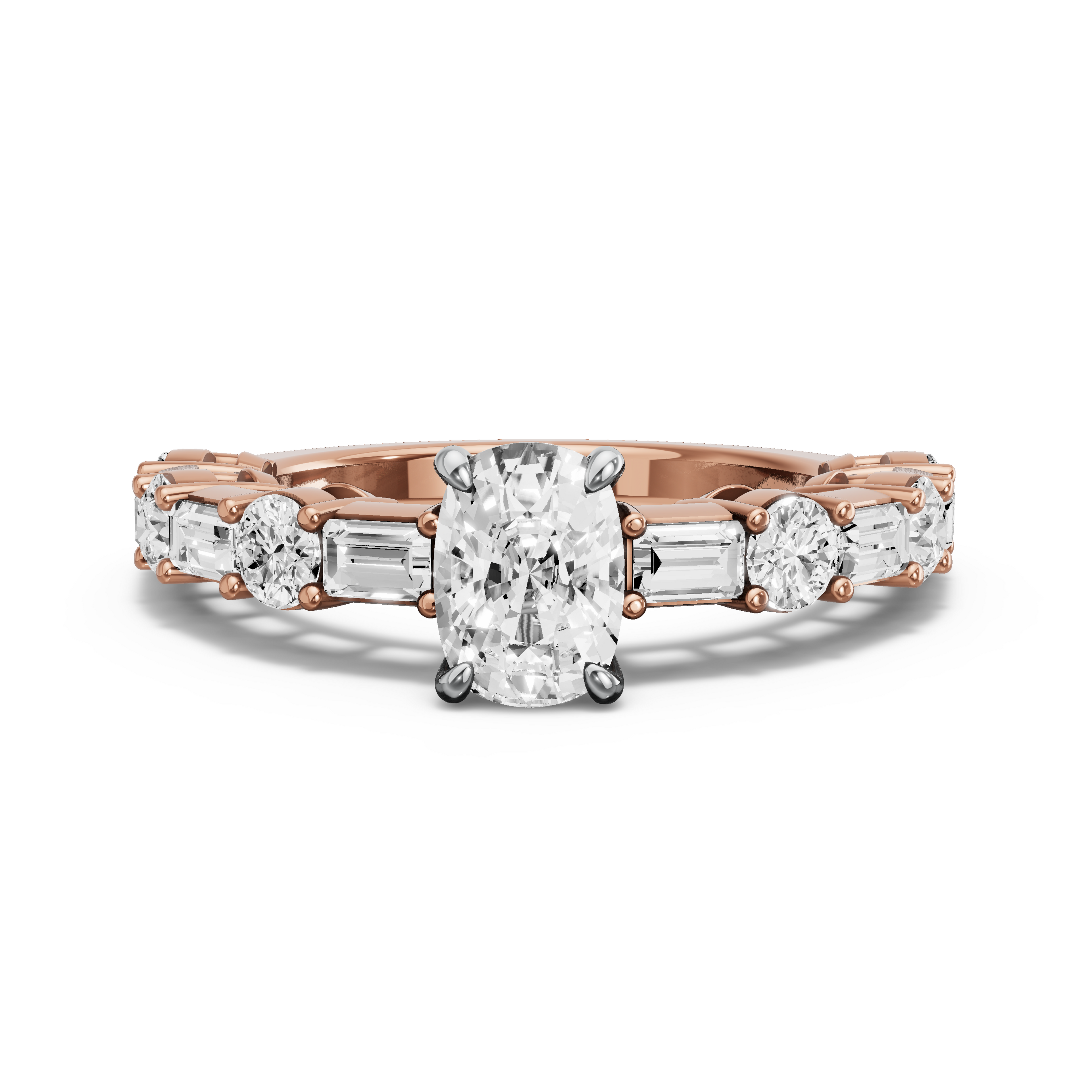 Image for Cushion Four Prong Ring with Alternating Baguette band in 10K Two Tone Rose Gold